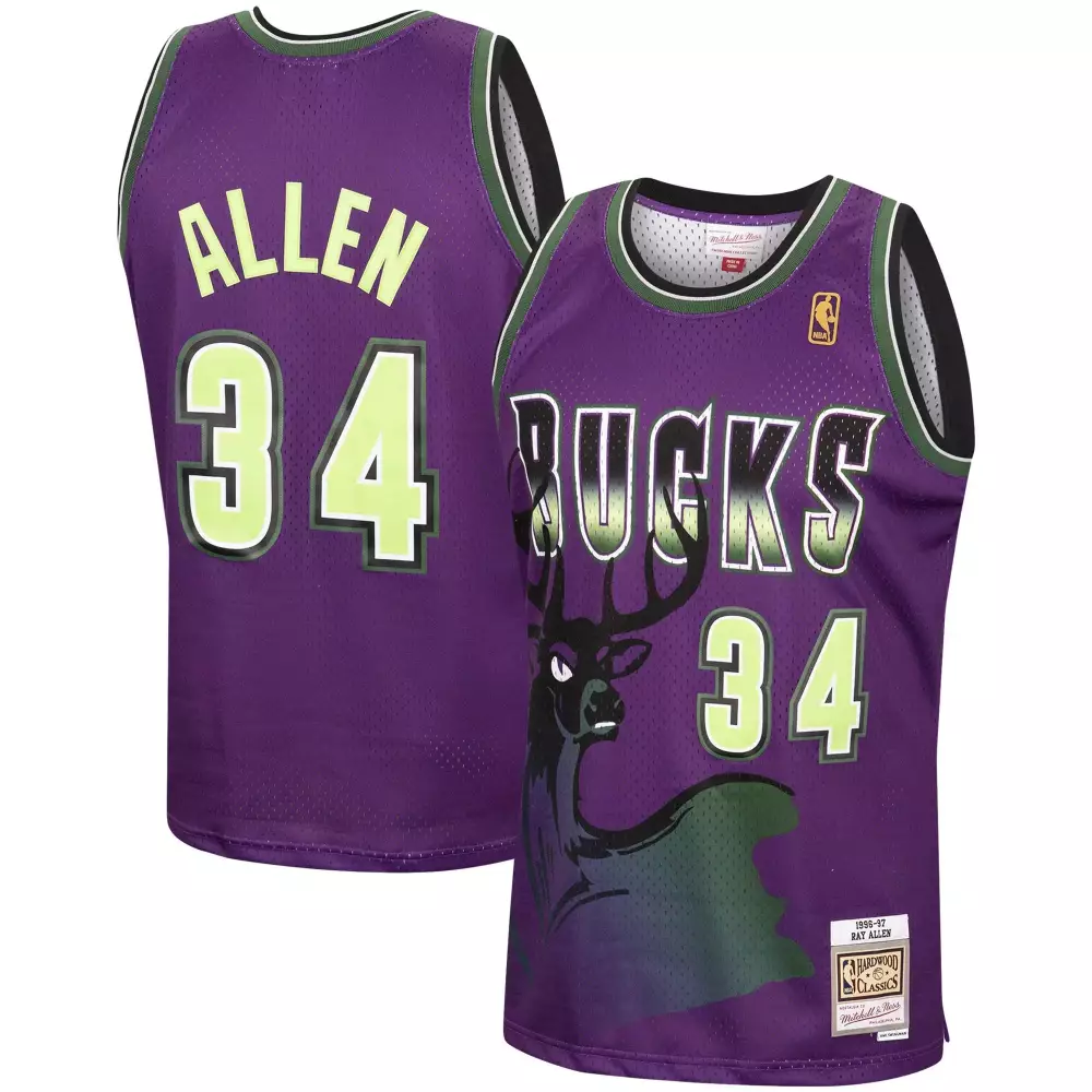 Ray Allen 34 Bucks Jersey Purple 1998-97 Mitchell Ness Hardwood Classics Men Lime Green