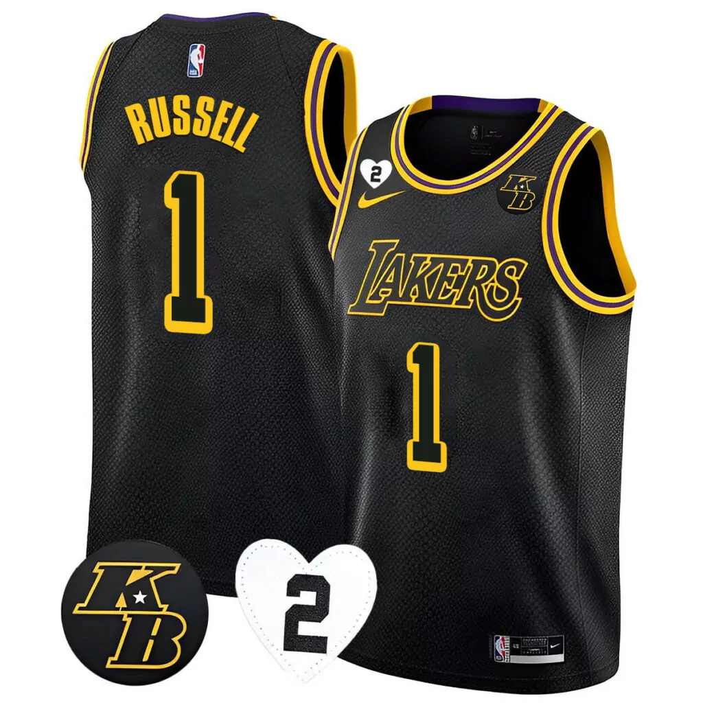 Russell 1 Lakers Jersey Black Kobe Bryant 2024 Men Yellow Purple Collection All Stitched
