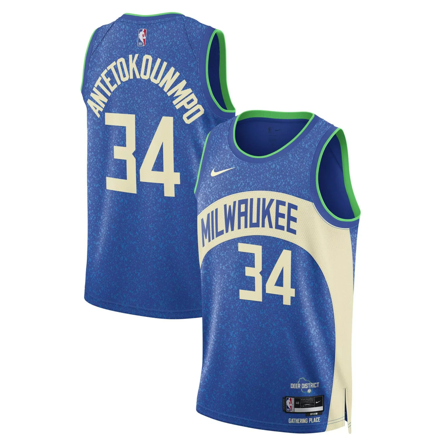 Giannis Antetokounmpo 34 Jersey Blue City Connect Milwaukee Bucks Deer District Gathering Place