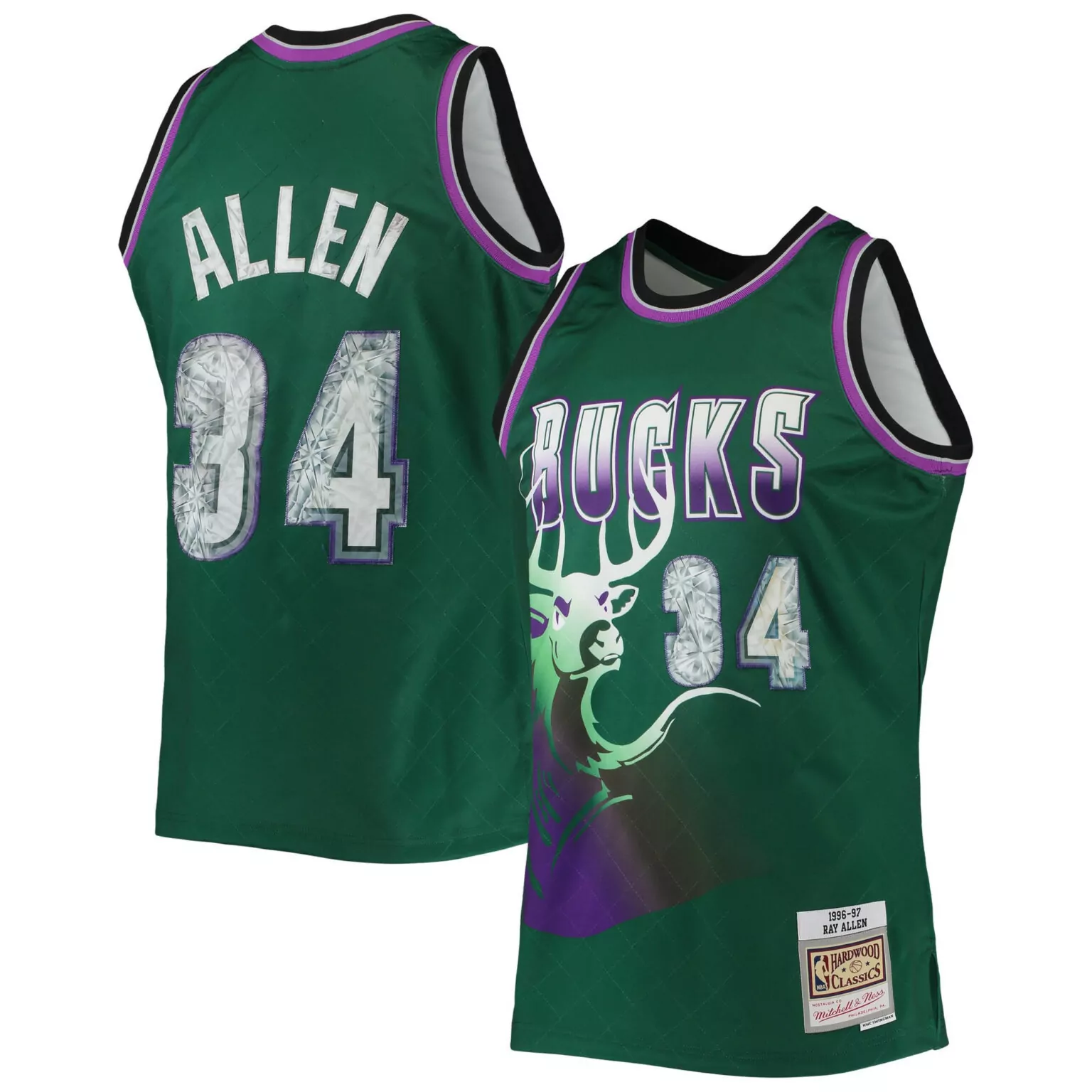 Ray Allen 34 Bucks Jersey Green 1996-97 Mitchell Ness Hardwood Classics Men Graphic