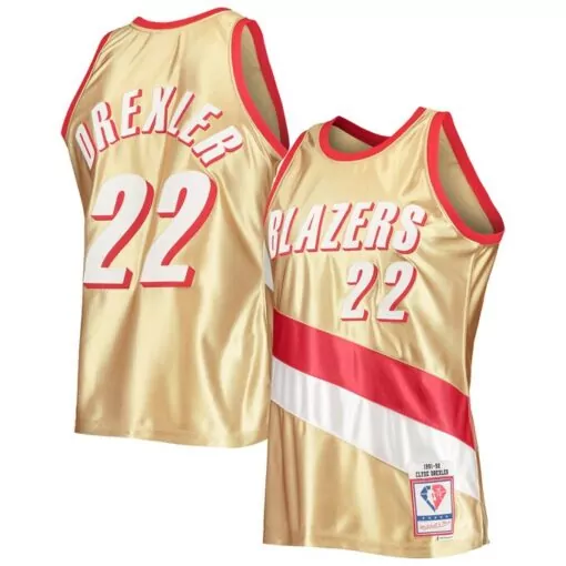 Clyde Drexler 22 Blazers Jersey Gold 1990-92 Men Throwback Split Design Red White