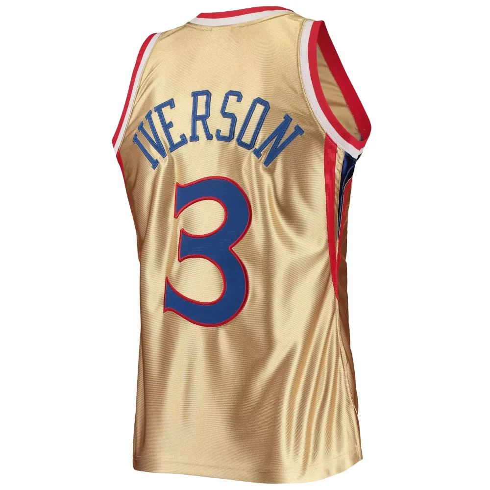 Allen Iverson 3 Jersey Gold Philadelphia 76ers Men Blue Red Anniversary Hardwood
