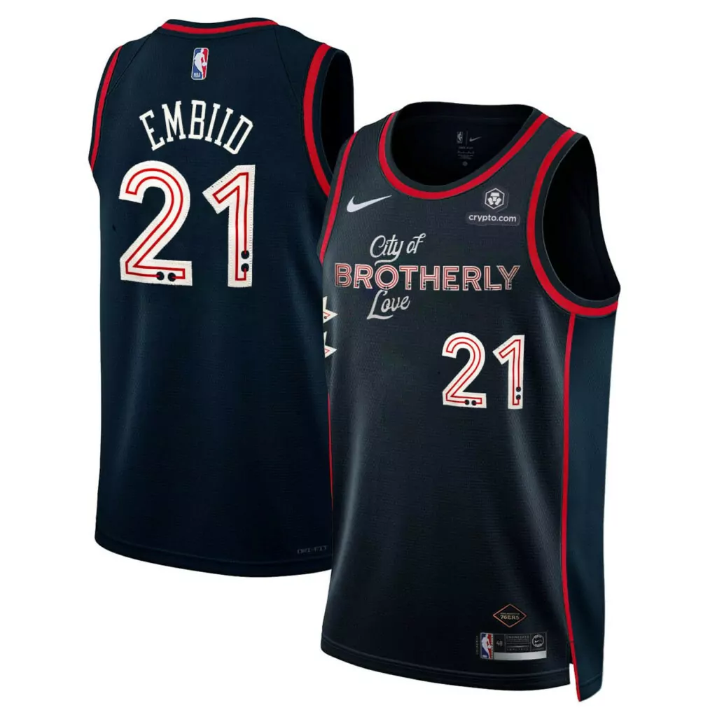 Joel Embiid 21 Philadelphia 76ers Jersey Navy City Of Brotherly Love Crypto.com Men