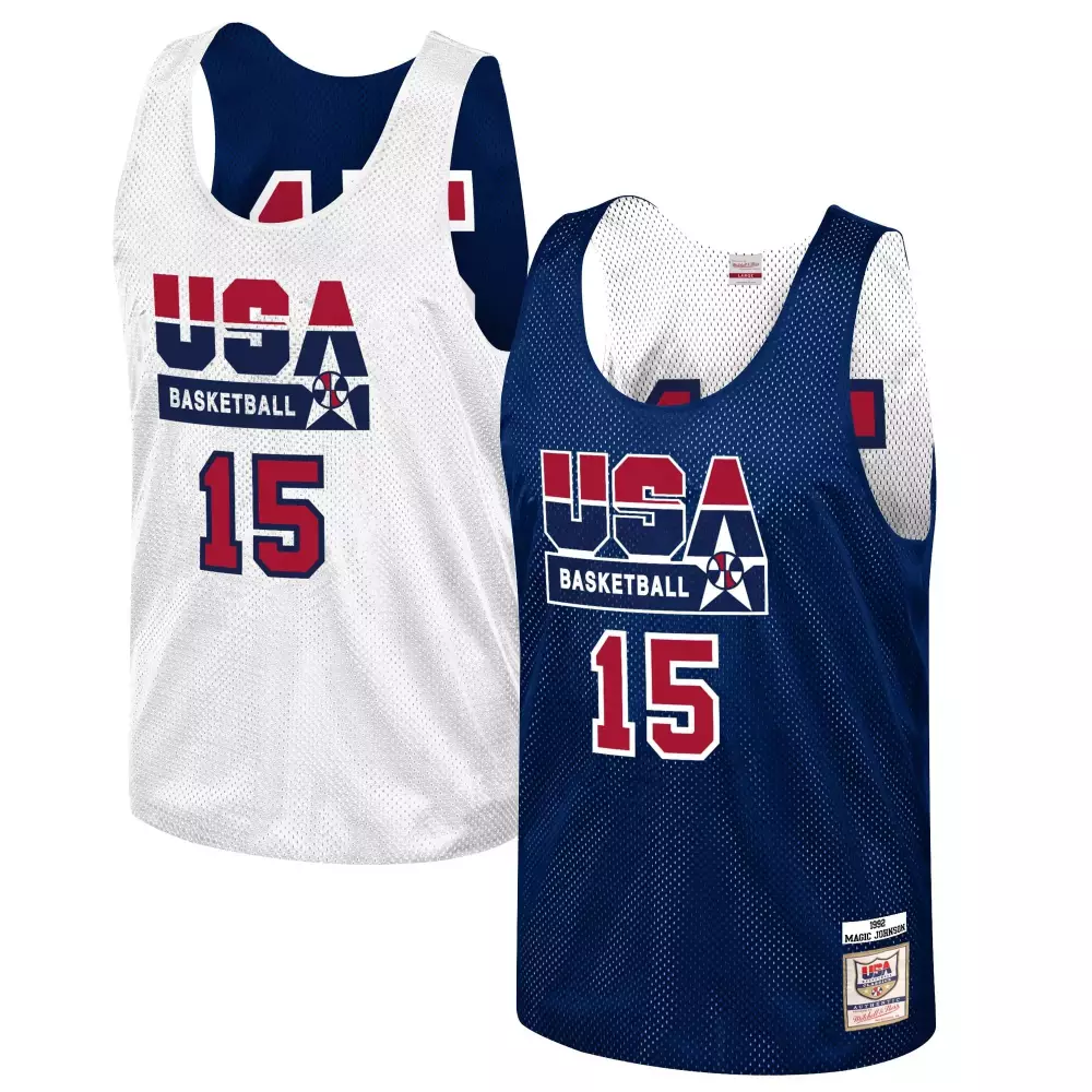 Magic Johnson 15 USA Basketball Jersey White Dream Team 1992 Men Split Blue Red