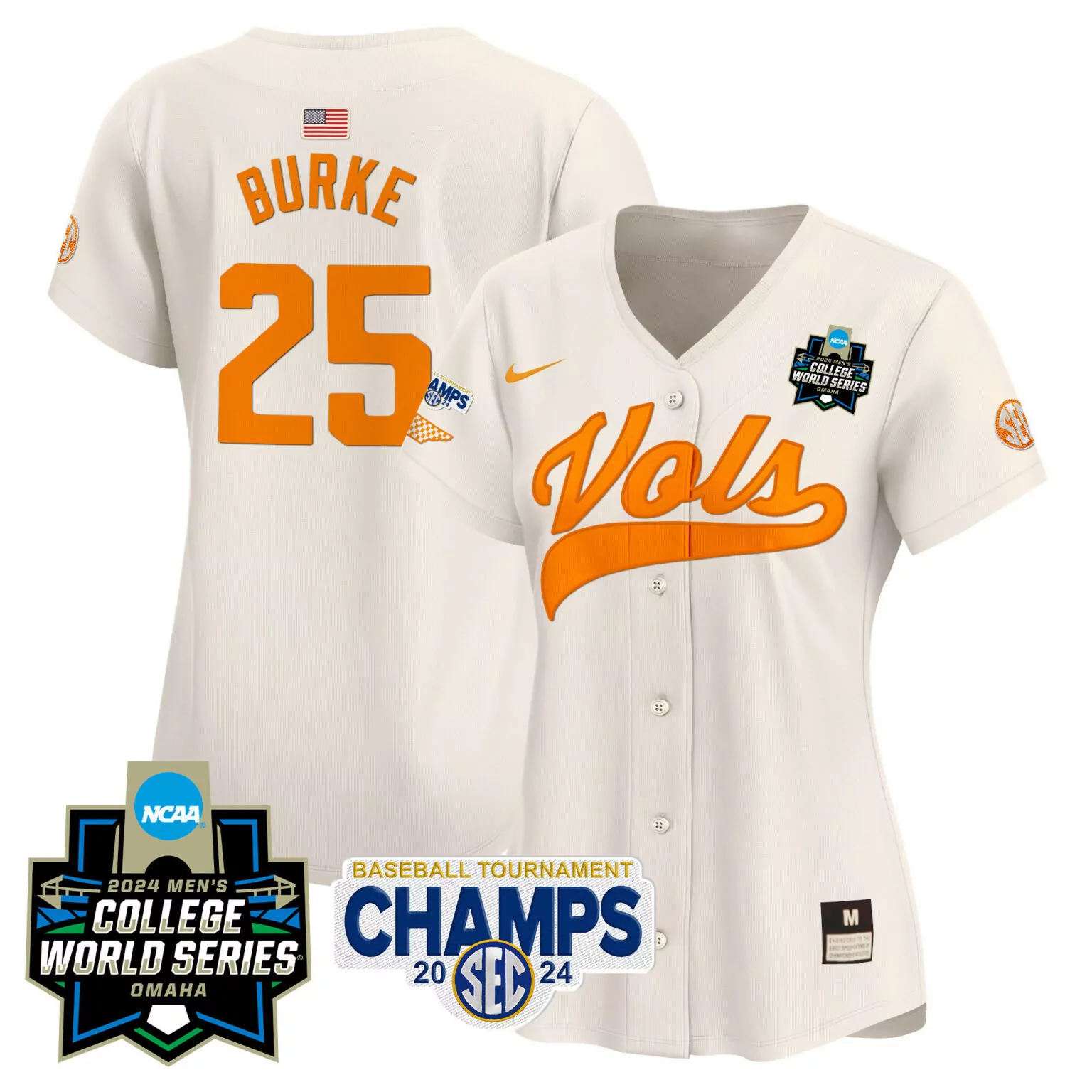 Blake Burke 25 Jersey White 2024 Men's College World Series Tennessee Volunteers Champions Baseball Tournament