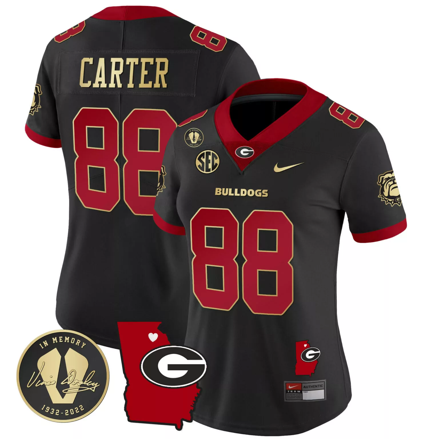 Jalen Carter 88 Georgia Bulldogs Jersey Black Vince Dooley 1932-2022 Men Red Gold