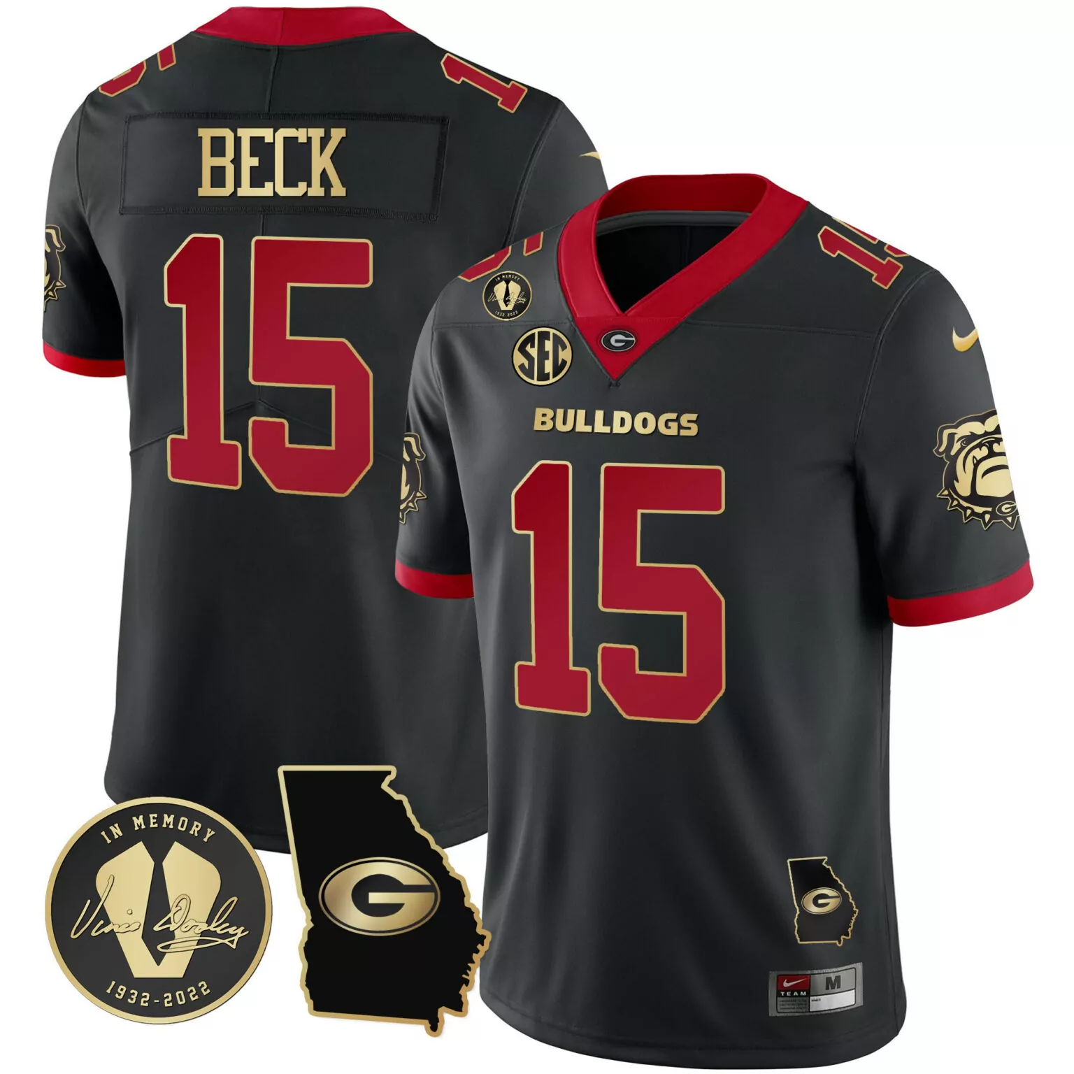 Carson Beck 15 Georgia Bulldogs Jersey Black Vince Dooley Memorial Outline Memory 1932-2022 2022