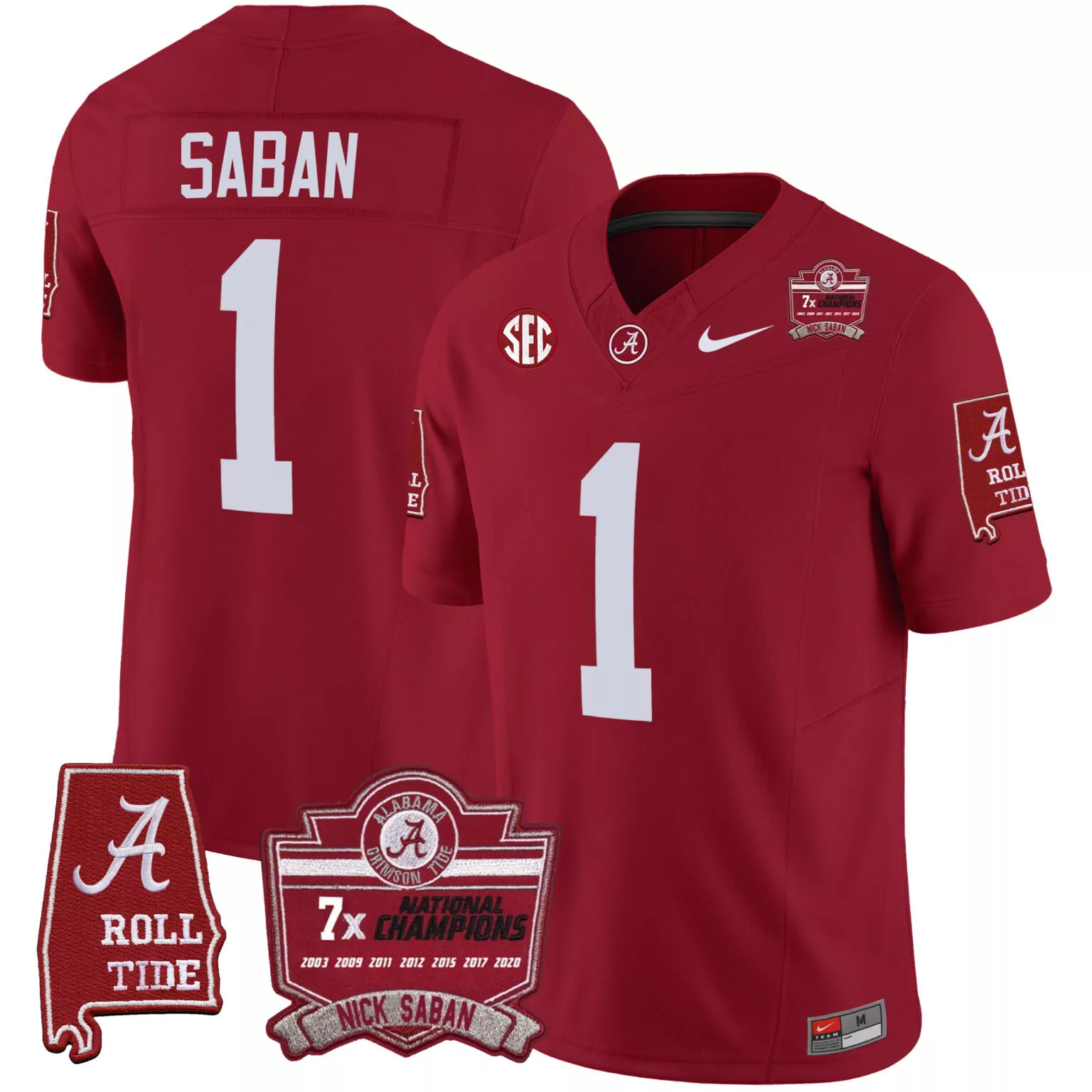 Nick Saban 1 Alabama Crimson Tide Jersey 7x National Champions 2020 Men White All