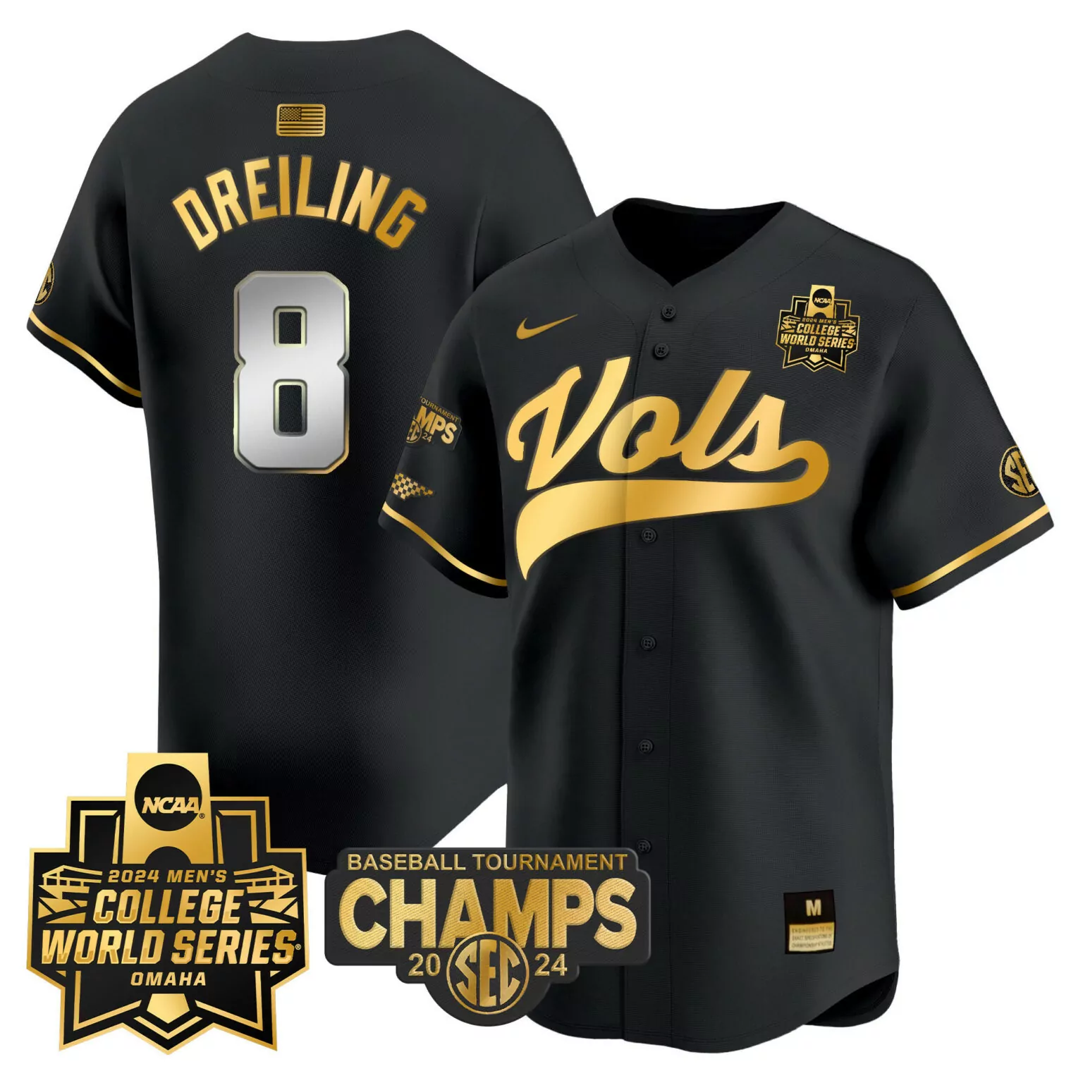 Dylan Dreiling 8 Vols Jersey Black 2024 Men's College World Series Baseball Tournament Champions