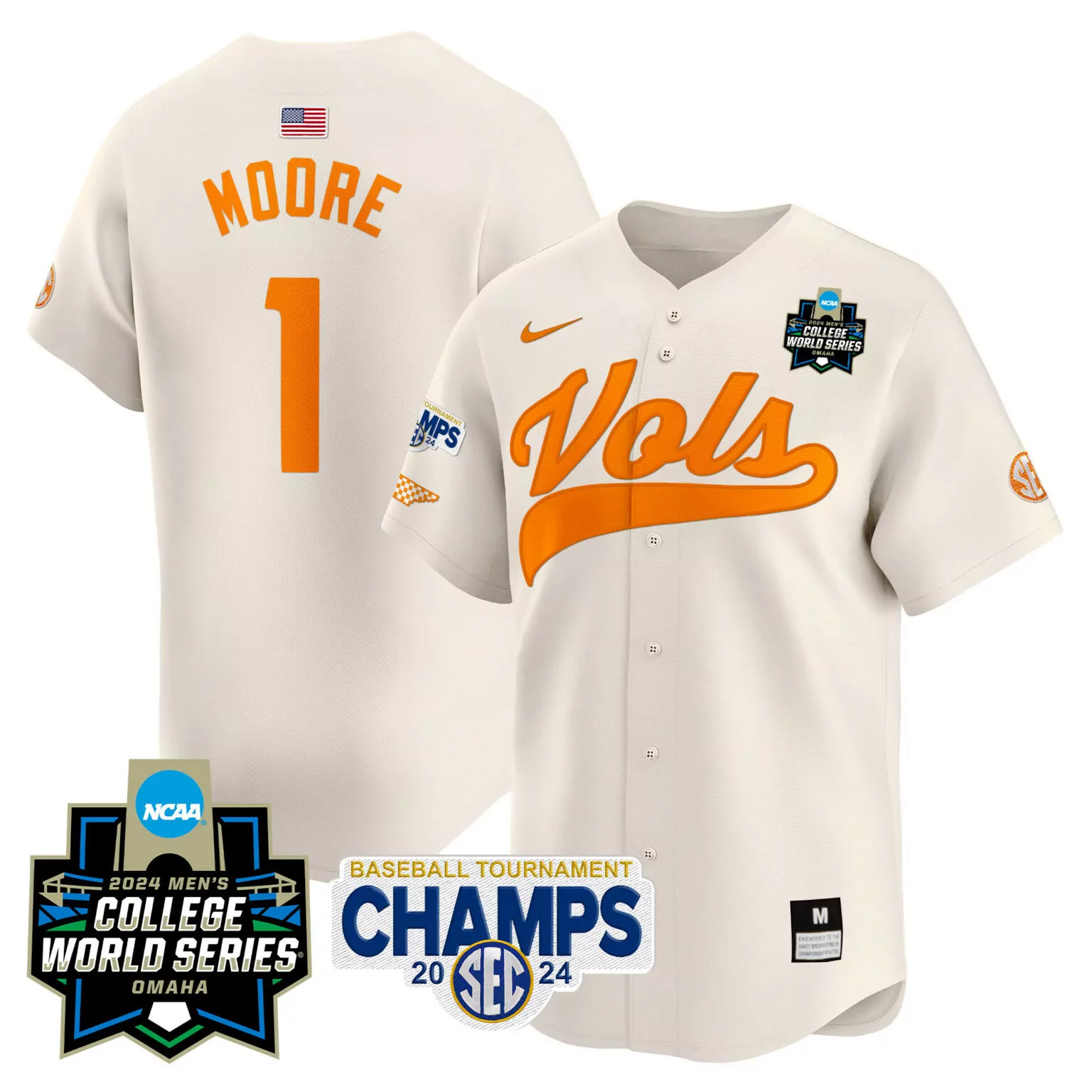 Christian Moore 1 Jersey Cream 2024 Ncaa Men's College World Series Tennessee Volunteers Baseball Tournament Champions