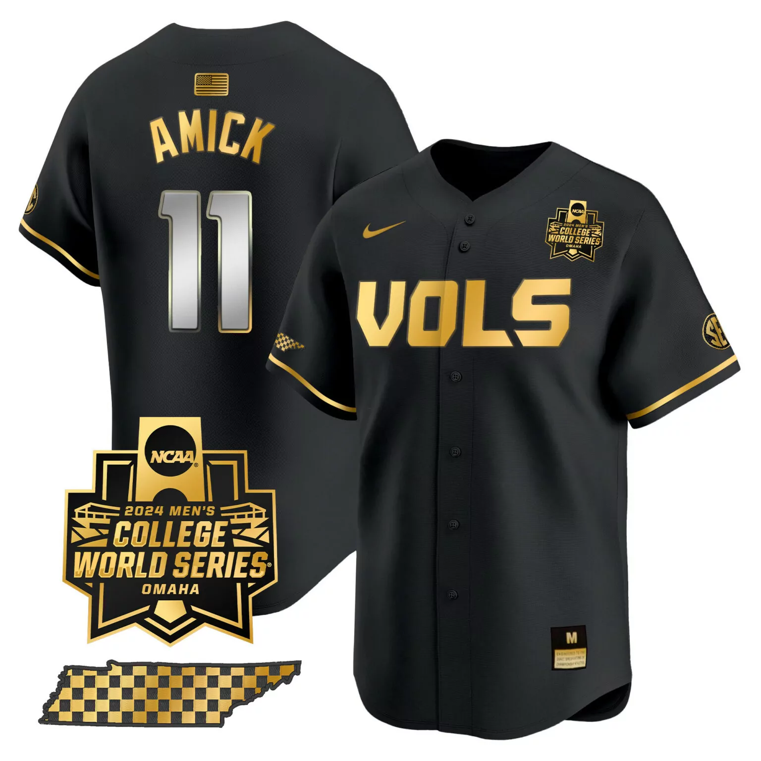 Billy Amick 11 Jersey Black College World Series Tennessee Volunteers Men Gold All