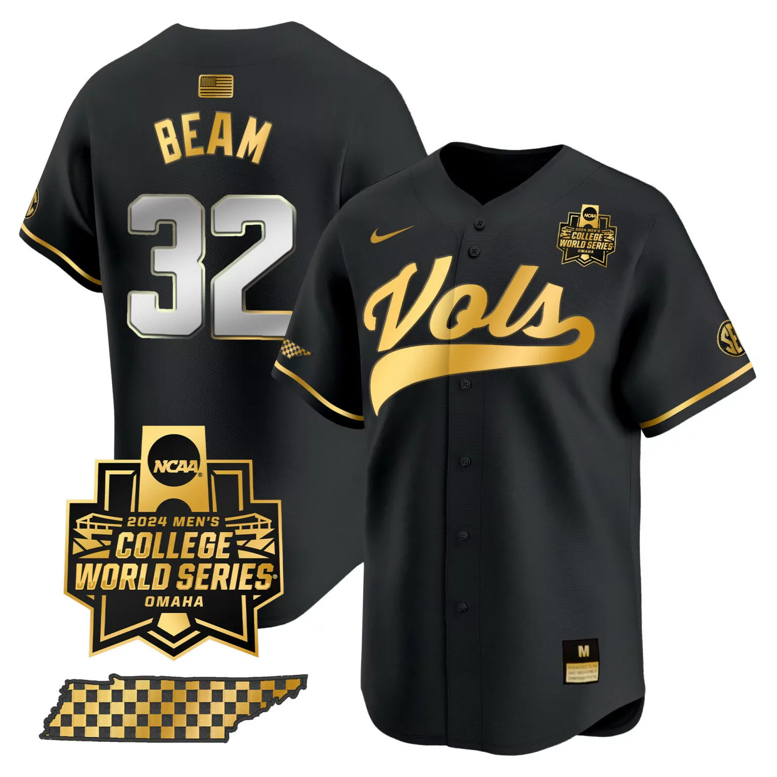 Drew Beam 32 Tennessee Volunteers Jersey Black College World Series 2024 Men Gold