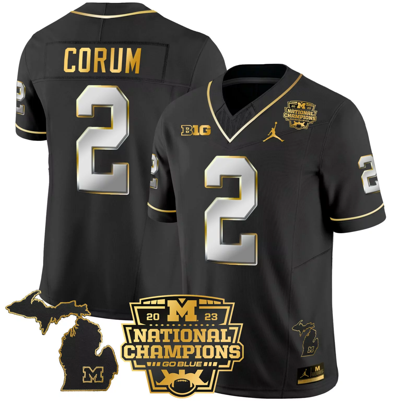 Corum 2 Michigan Wolverines Jersey Black National Champions 2023 Men Gold Silver