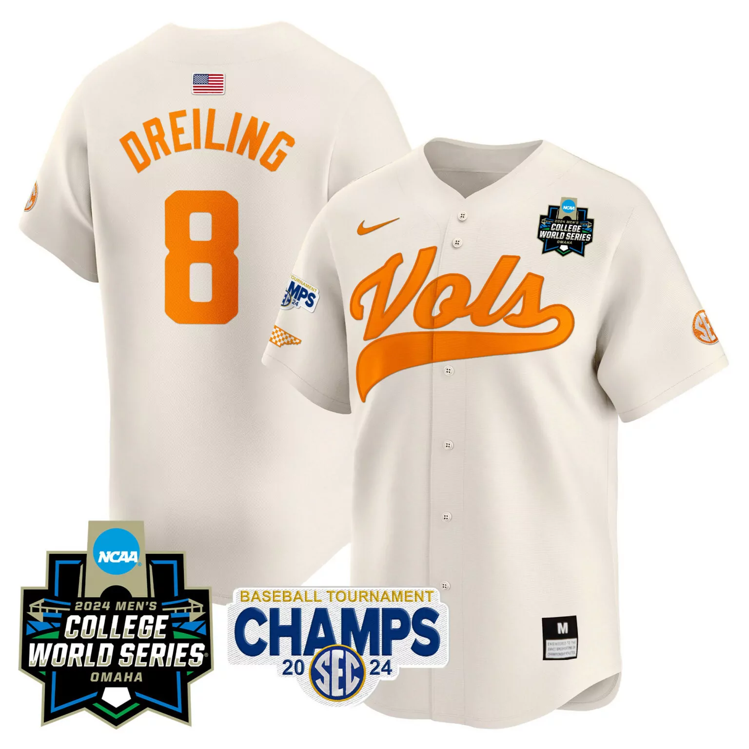 Dylan Dreiling 8 Jersey Cream Tennessee Volunteers Baseball Tournament Champs 2024