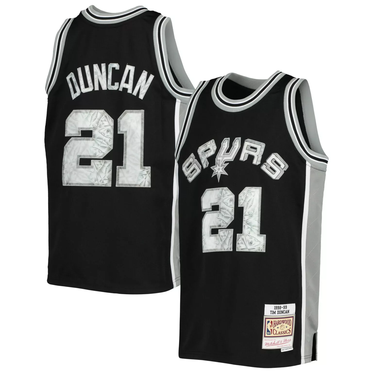 Tim Duncan 21 Spurs Jersey Black 1998-99 Hardwood Classics Men Silver White Anniversary