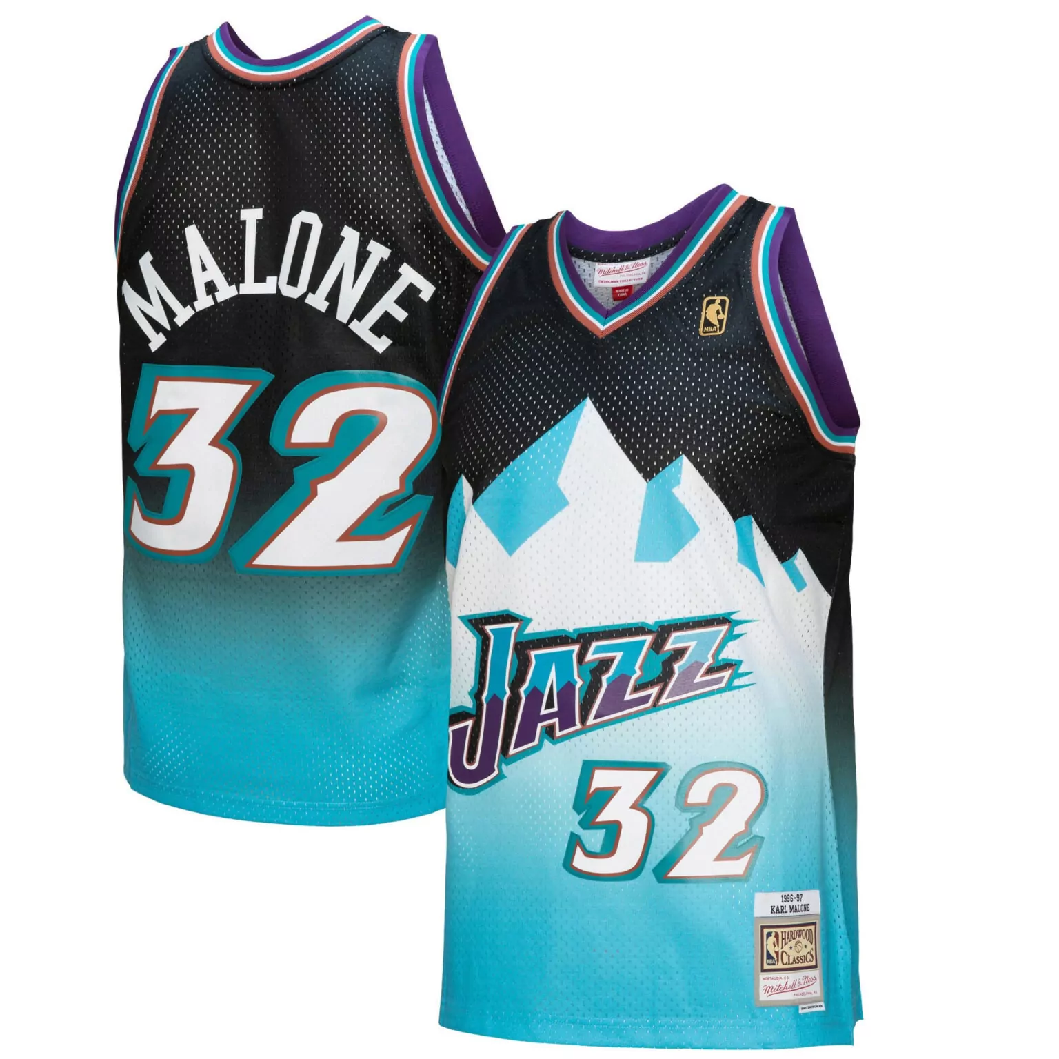 Karl Malone 32 Jazz Jersey Black Hardwood Classics 1997 Men Split Design Purple Teal