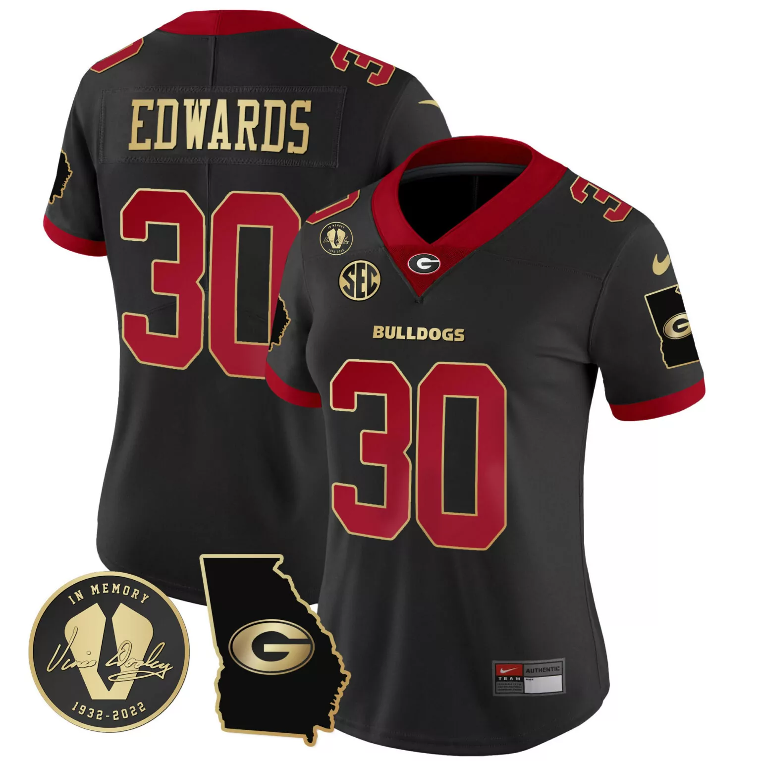 Daijun Edwards 30 Jersey Black Vince Dooley Tribute Georgia Bulldogs Men Red Gold