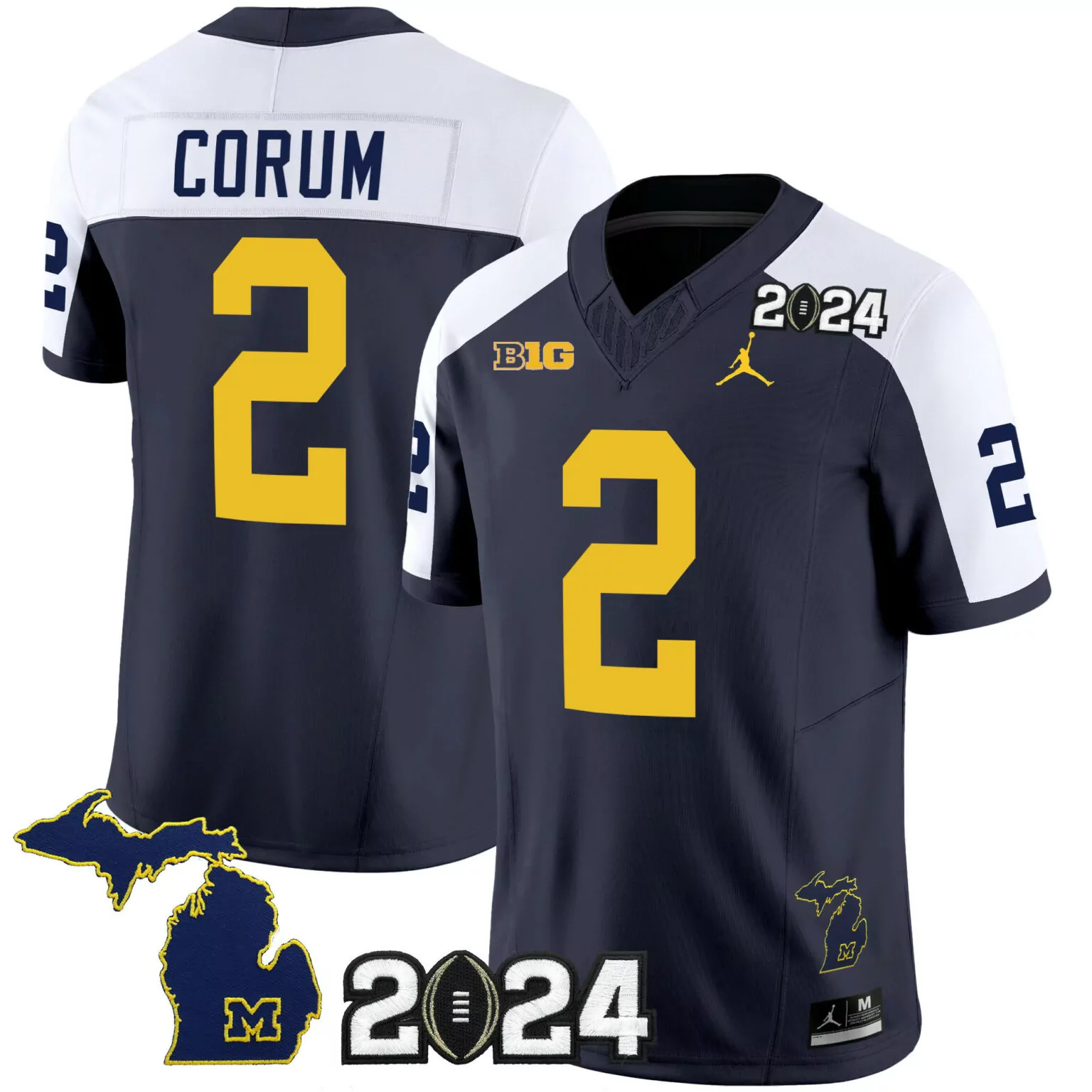 Corum 2 Michigan Wolverines Jersey Navy Blue 2024 Championship Big Men Yellow White
