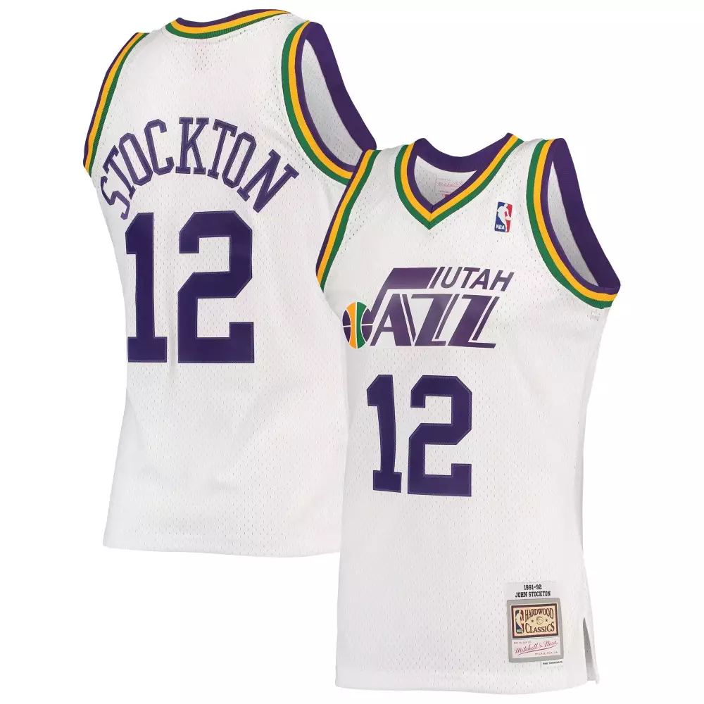 John Stockton 12 Utah Jazz Jersey White Hardwood Classics Men Replica Purple Gold