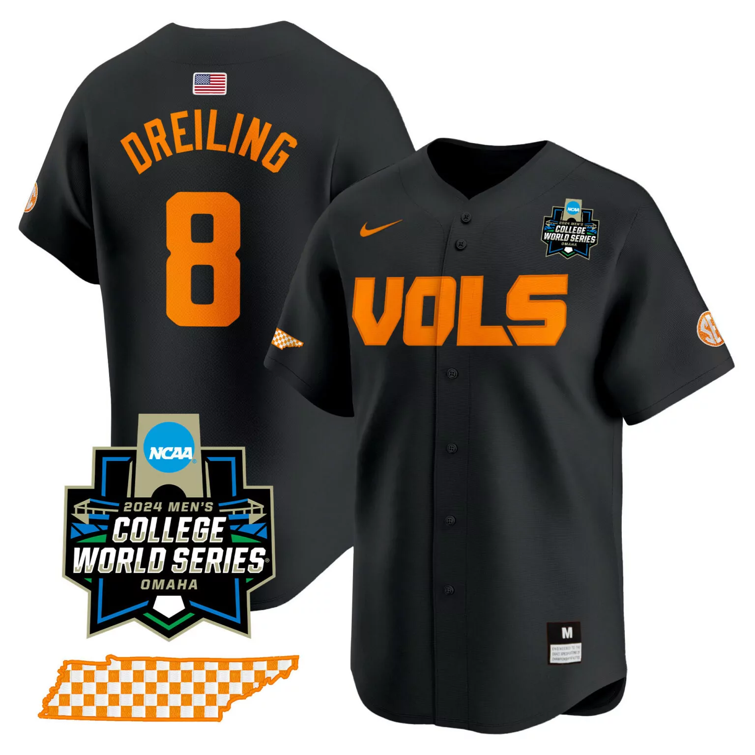 Dylan Dreiling 8 Jersey Black 2024 College World Series Tennessee Volunteers Men