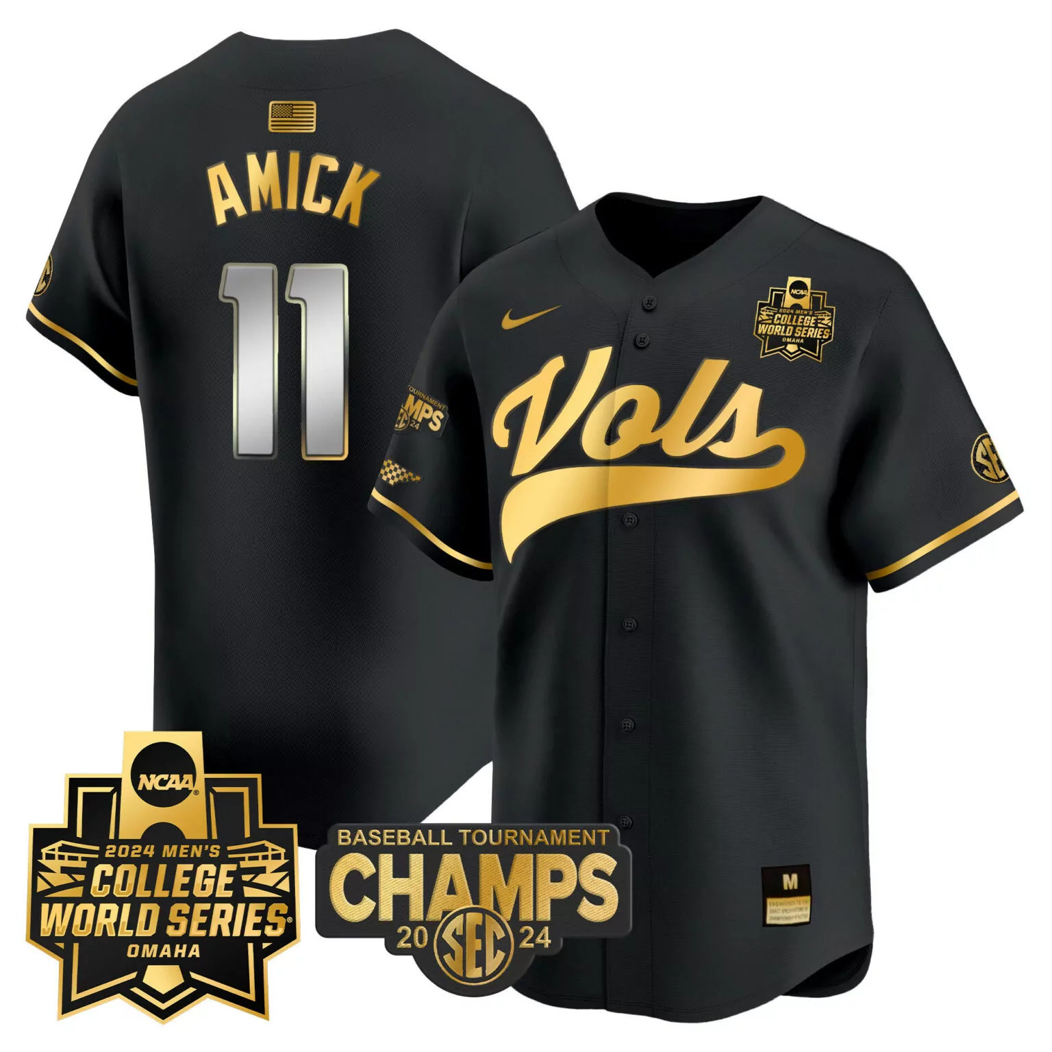 Billy Amick 11 Jersey Black 2024 Men's College World Series Tennessee Volunteers Baseball Tournament Champs
