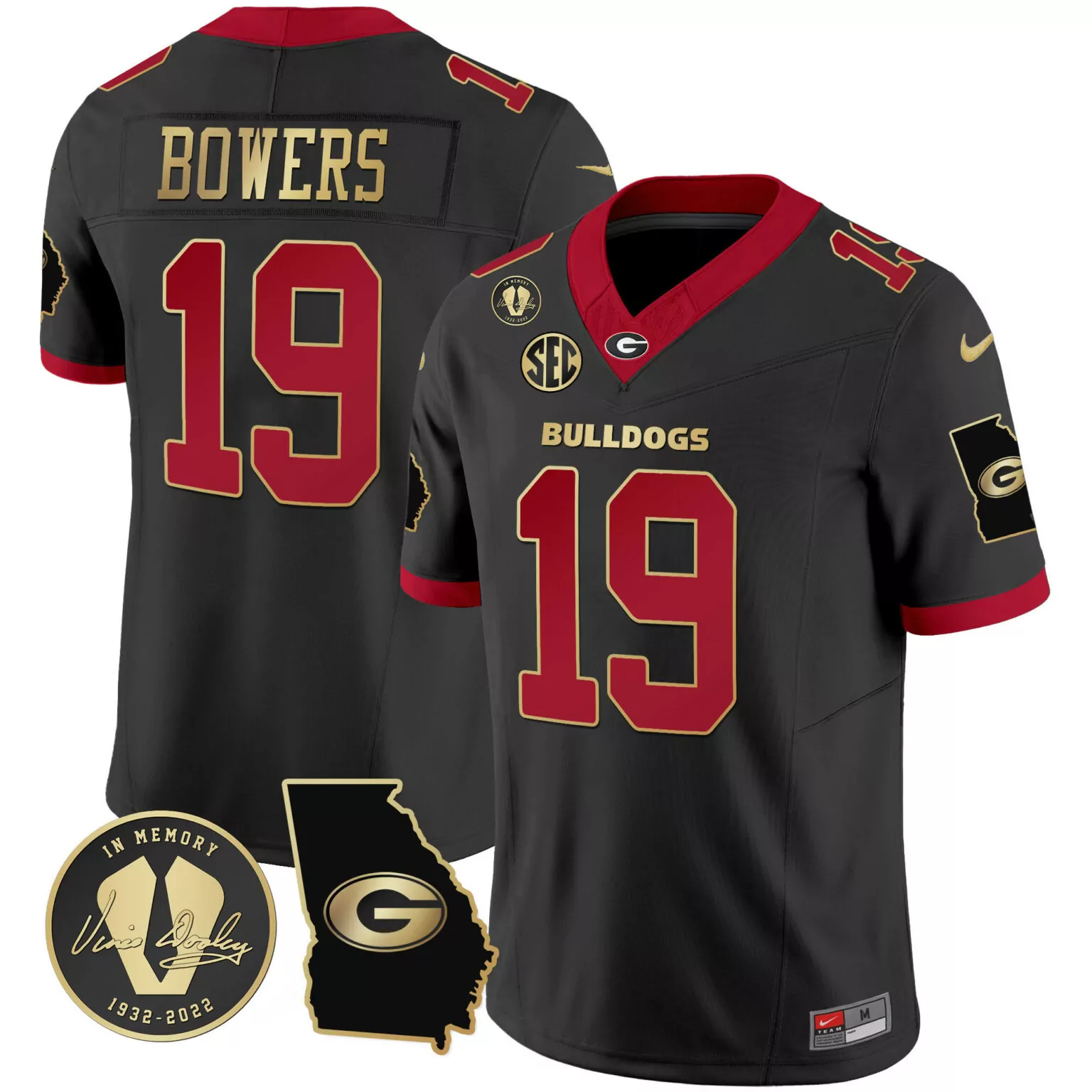 Brock Bowers 19 Georgia Bulldogs Jersey Black Vince Dooley Memorial State Outline