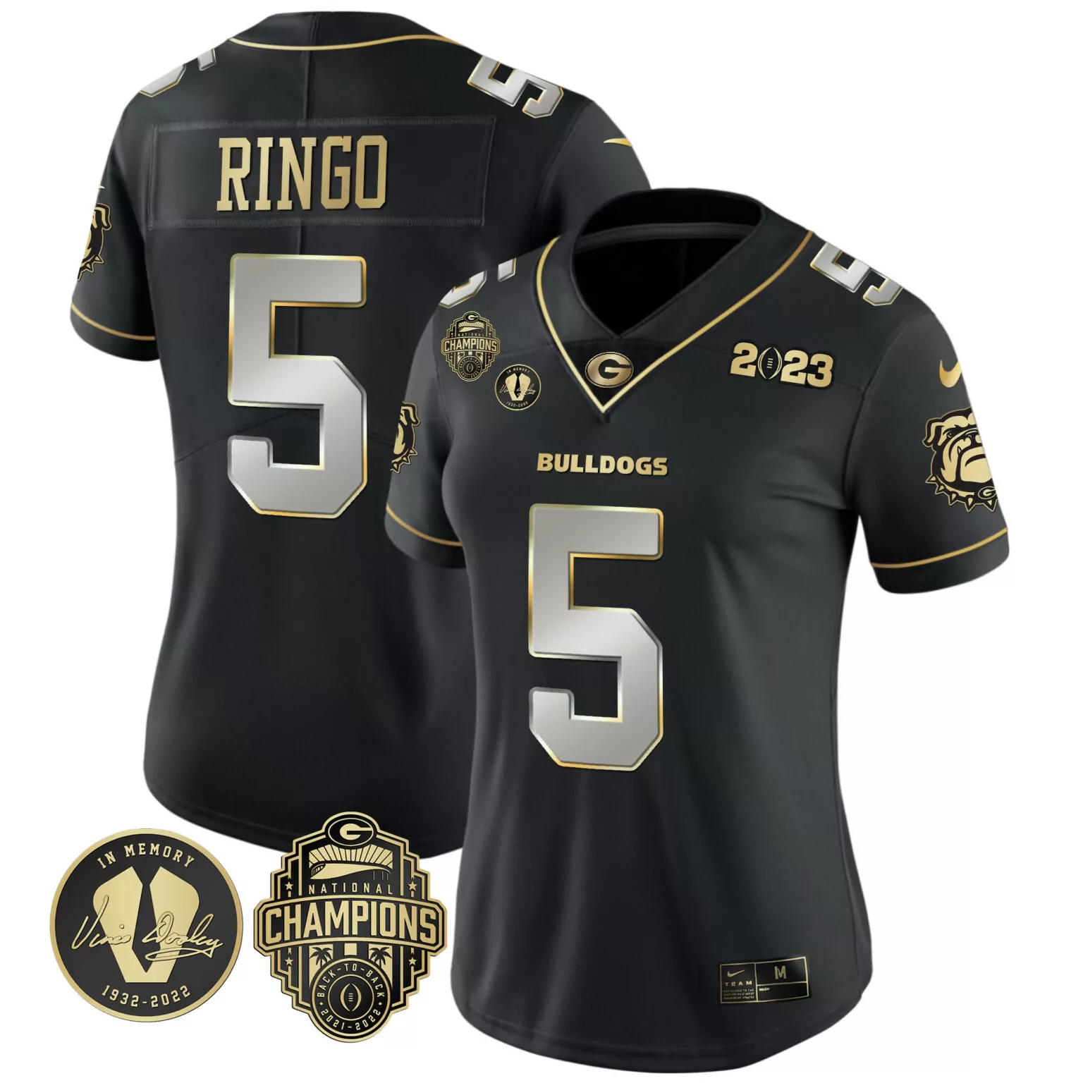 Kelee Ringo 5 Georgia Bulldogs Jersey Black 2023 National Championship Vince Dooley Signature 1932-2022 Champions Back-to-back 2021-2022