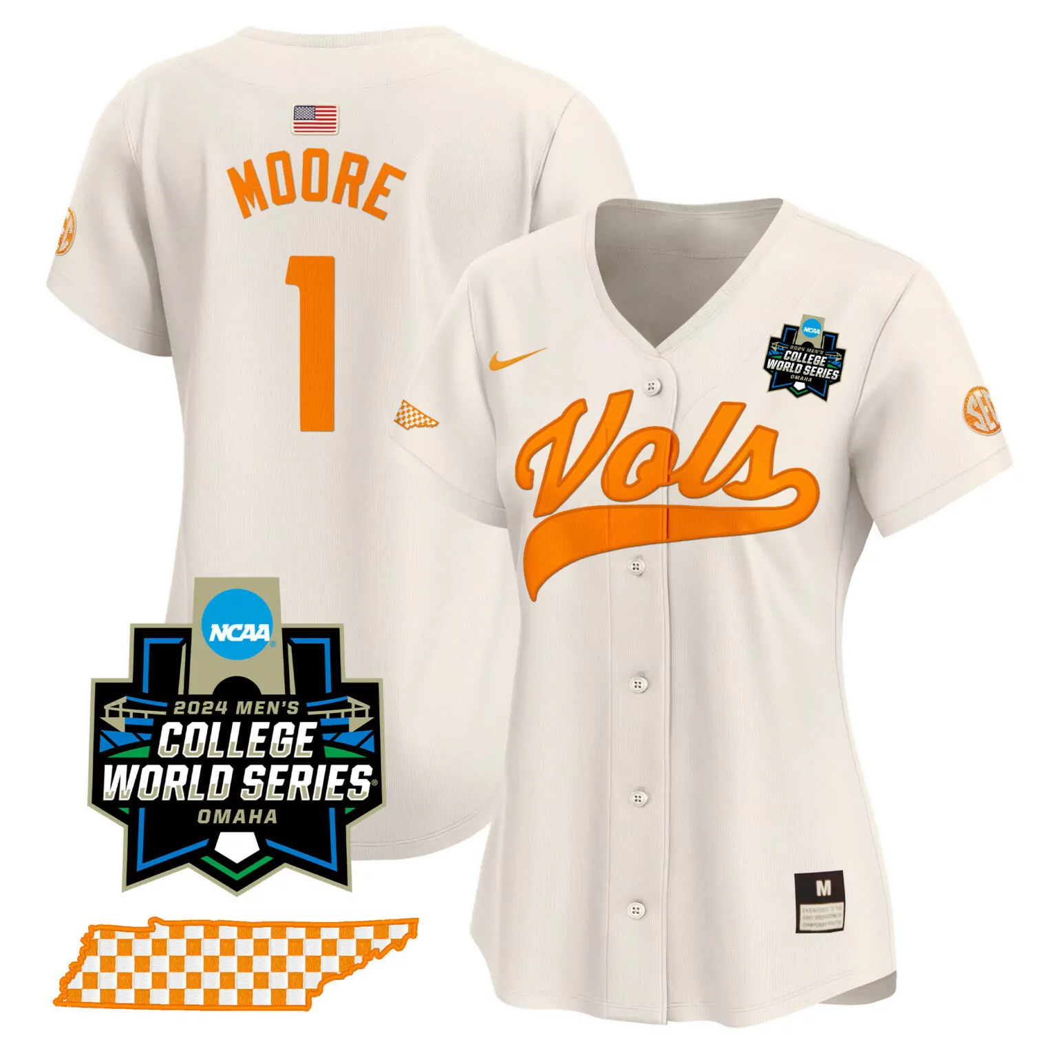 Christian Moore 1 Jersey White 2024 Men's College World Series Tennessee Volunteers