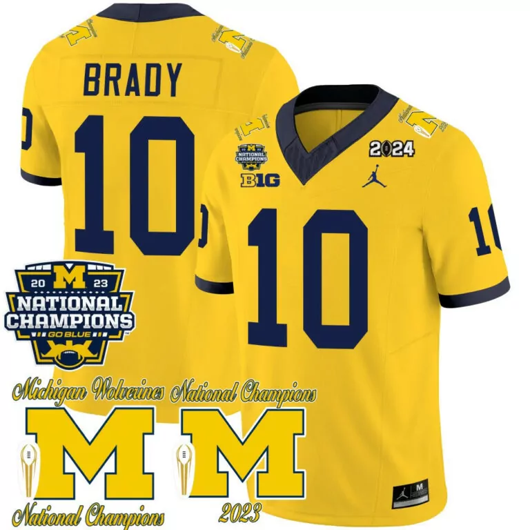 Tom Brady 10 Michigan Wolverines Jersey Yellow National Champions 2023 Big Men Navy Blue