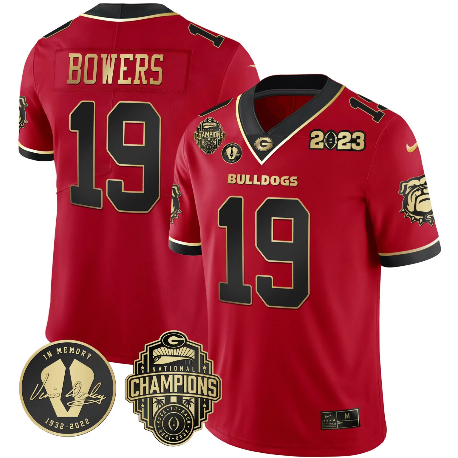 Brock Bowers 19 Georgia Bulldogs Jersey Red National Championship 2023 Vince Dooley Memorial