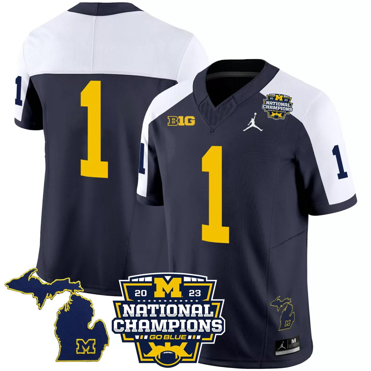 Unavailable 1 Michigan Wolverines Jersey Navy Blue 2023 National Champions Men Split Design
