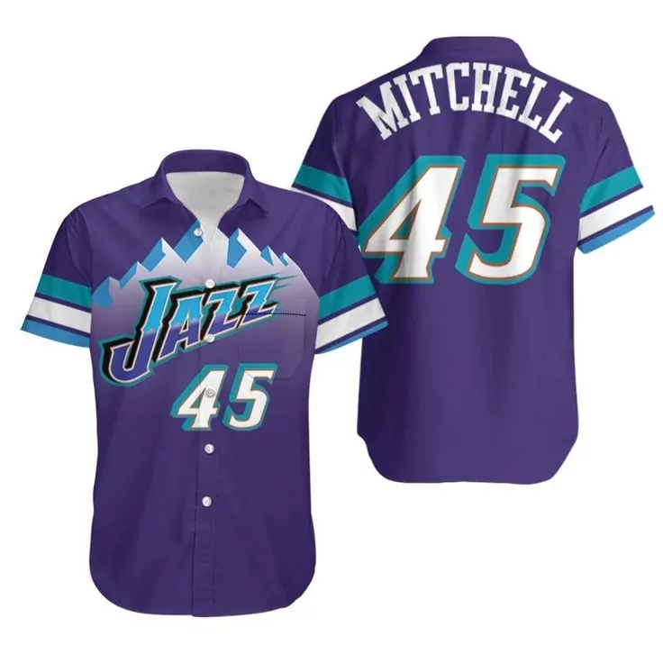 Donovan Mitchell 45 Utah Jazz Jersey Purple Men Hawaiian Shirt Teal White