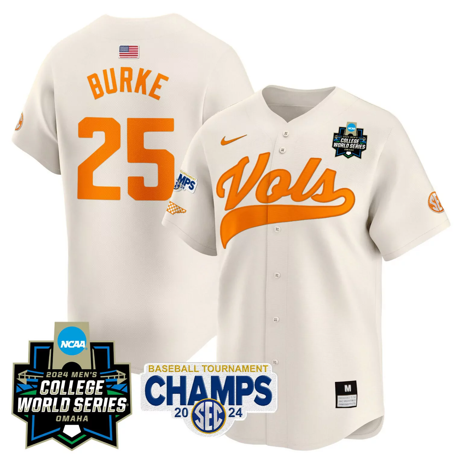Blake Burke 25 Jersey Cream 2024 Men's College World Series Tennessee Volunteers Baseball Tournament Champs