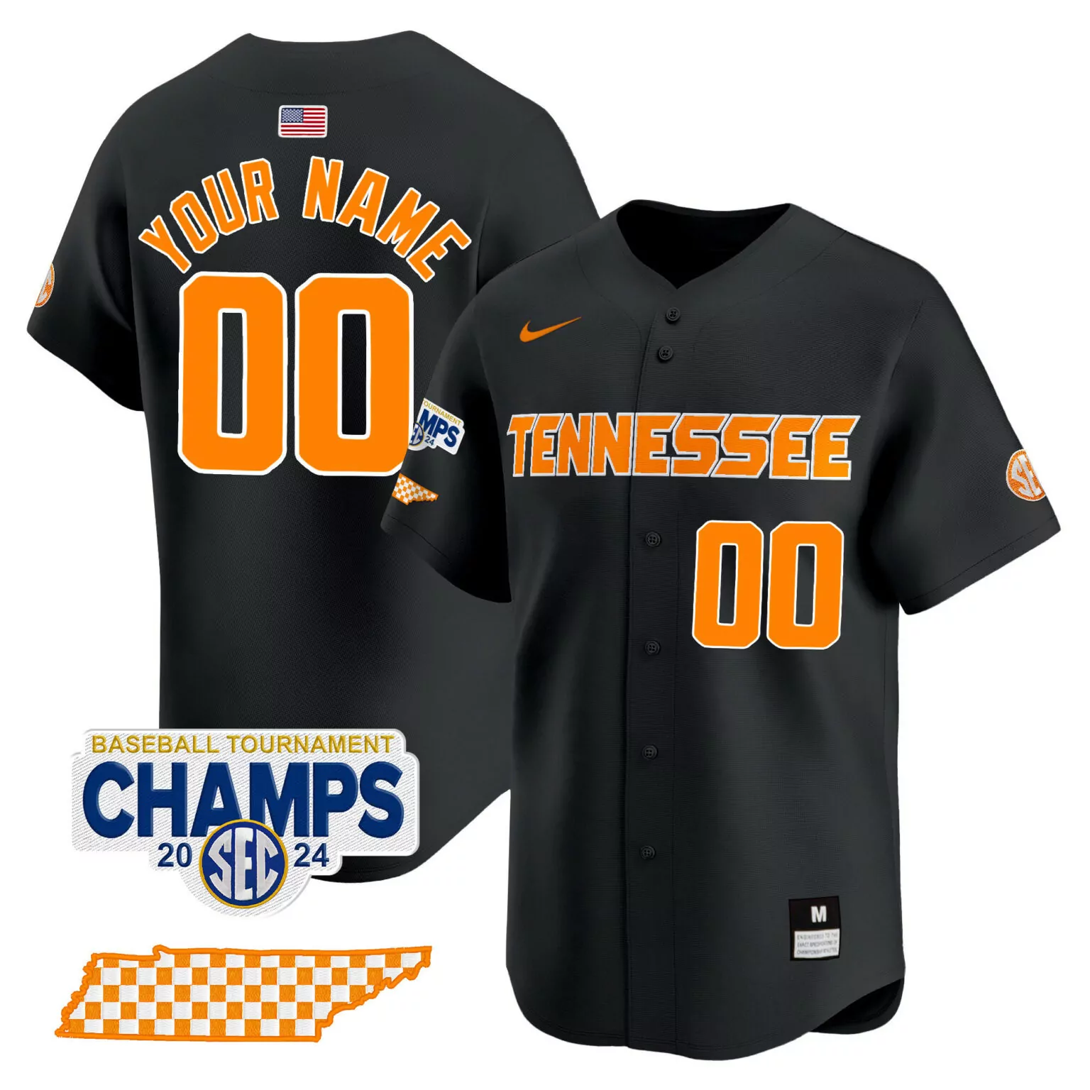 Custom Tennessee Jersey Black 2024 SEC Tournament Champions Nps Baseball Champs Men
