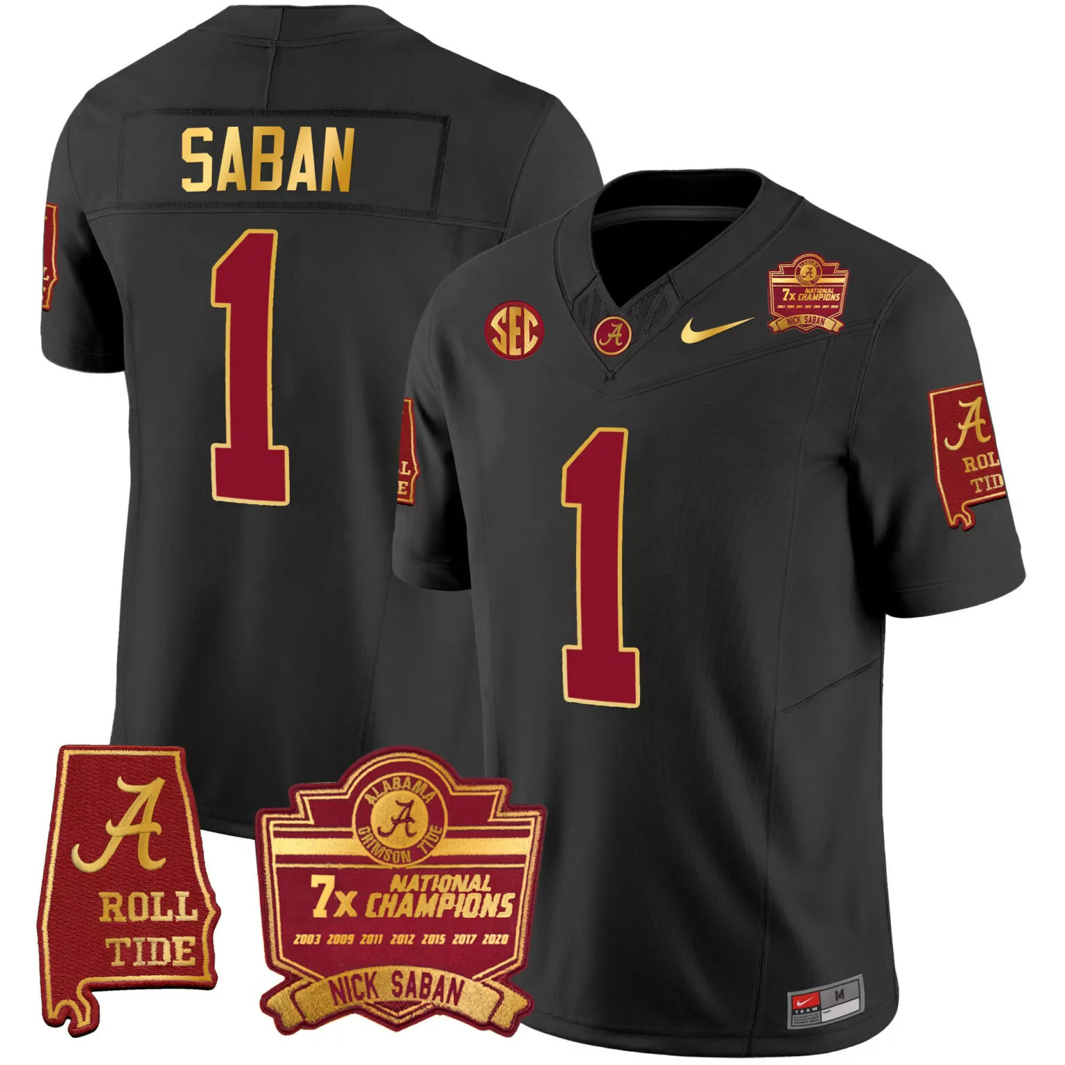 Nick Saban 1 Alabama Crimson Tide Jersey Black 7x National Champions Roll Men Gold