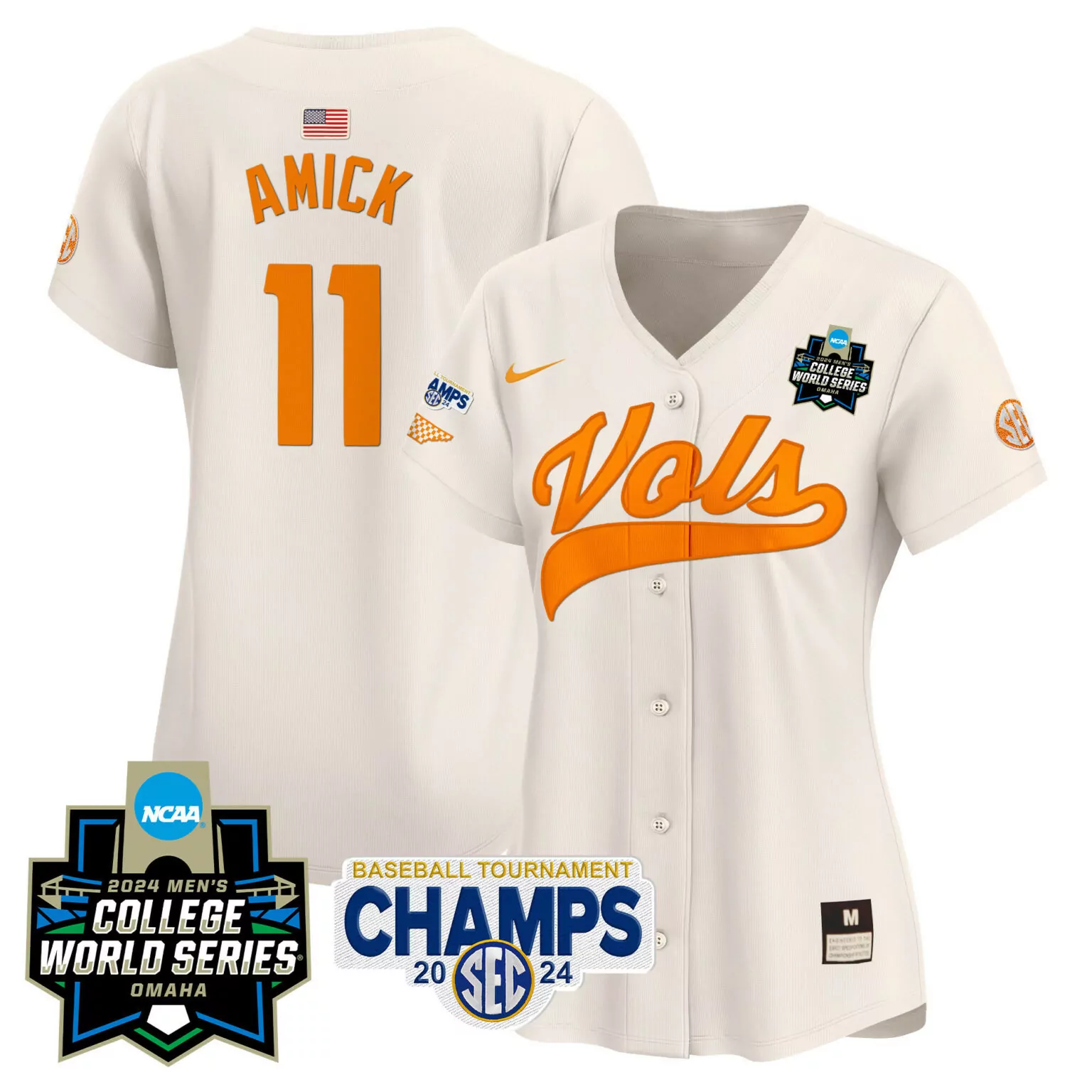 Billy Amick 11 Jersey White 2024 Men's College World Series Tennessee Volunteers USA Flag Omaha