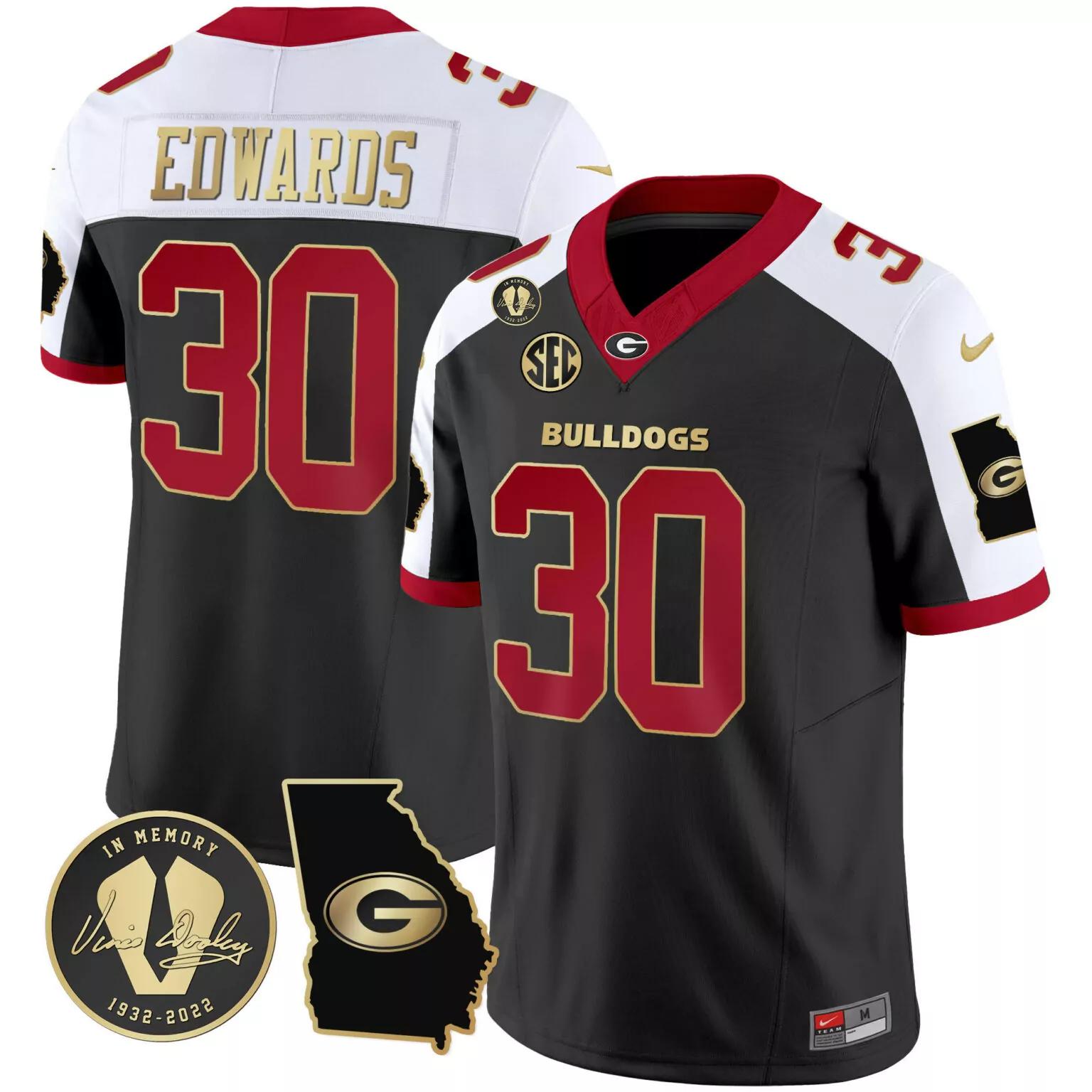 Daijun Edwards 30 Jersey Black In Memory Vince Dooley Georgia Bulldogs Outline 1932-2022