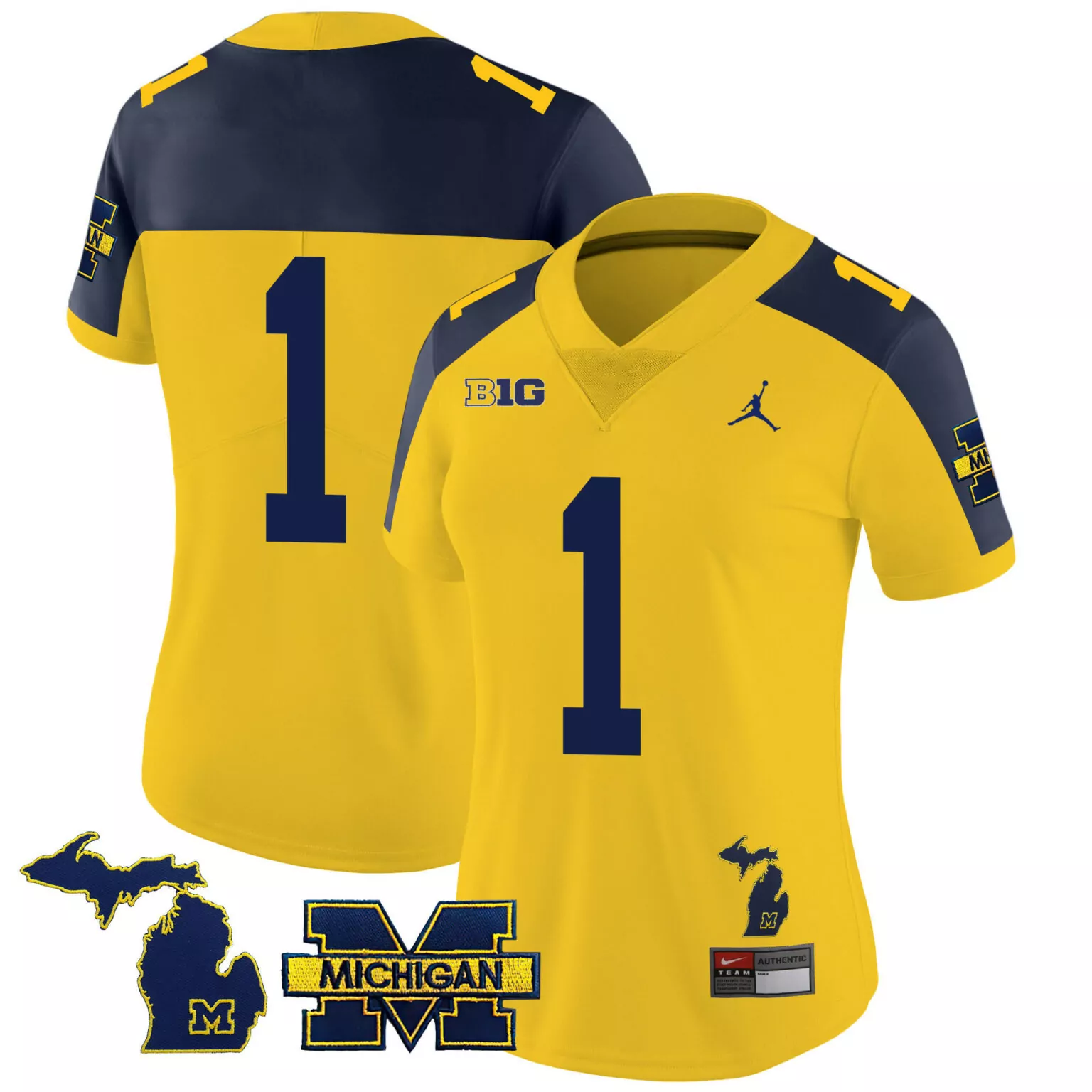 Custom Michigan 1 Jersey Yellow Big Ten 2023 Navy Alternate All Stitched