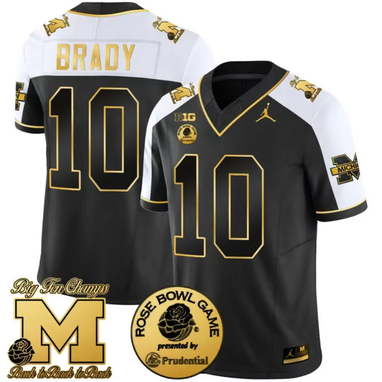 Tom Brady 10 Michigan Wolverines Jersey Black Rose Bowl Game Champions Big Ten Jumpman