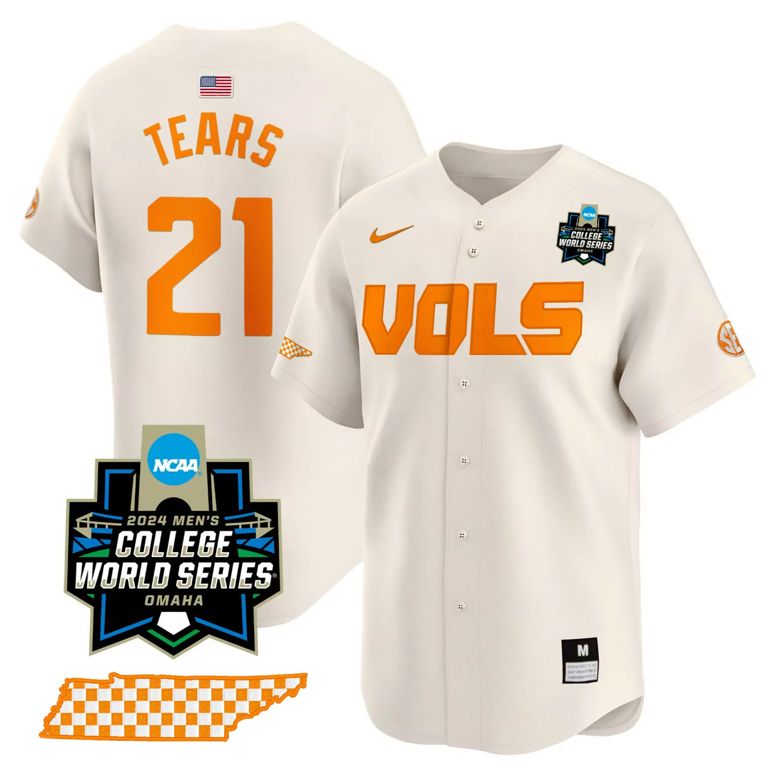 Kavares Tears 21 Jersey Cream 2024 College World Series Tennessee Volunteers Men