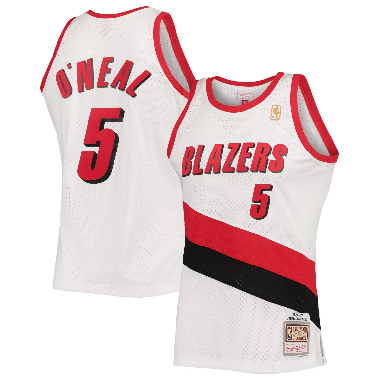Shaquille Oneal 5 Blazers Jersey White Hardwood Classics Men Split Design Red Black