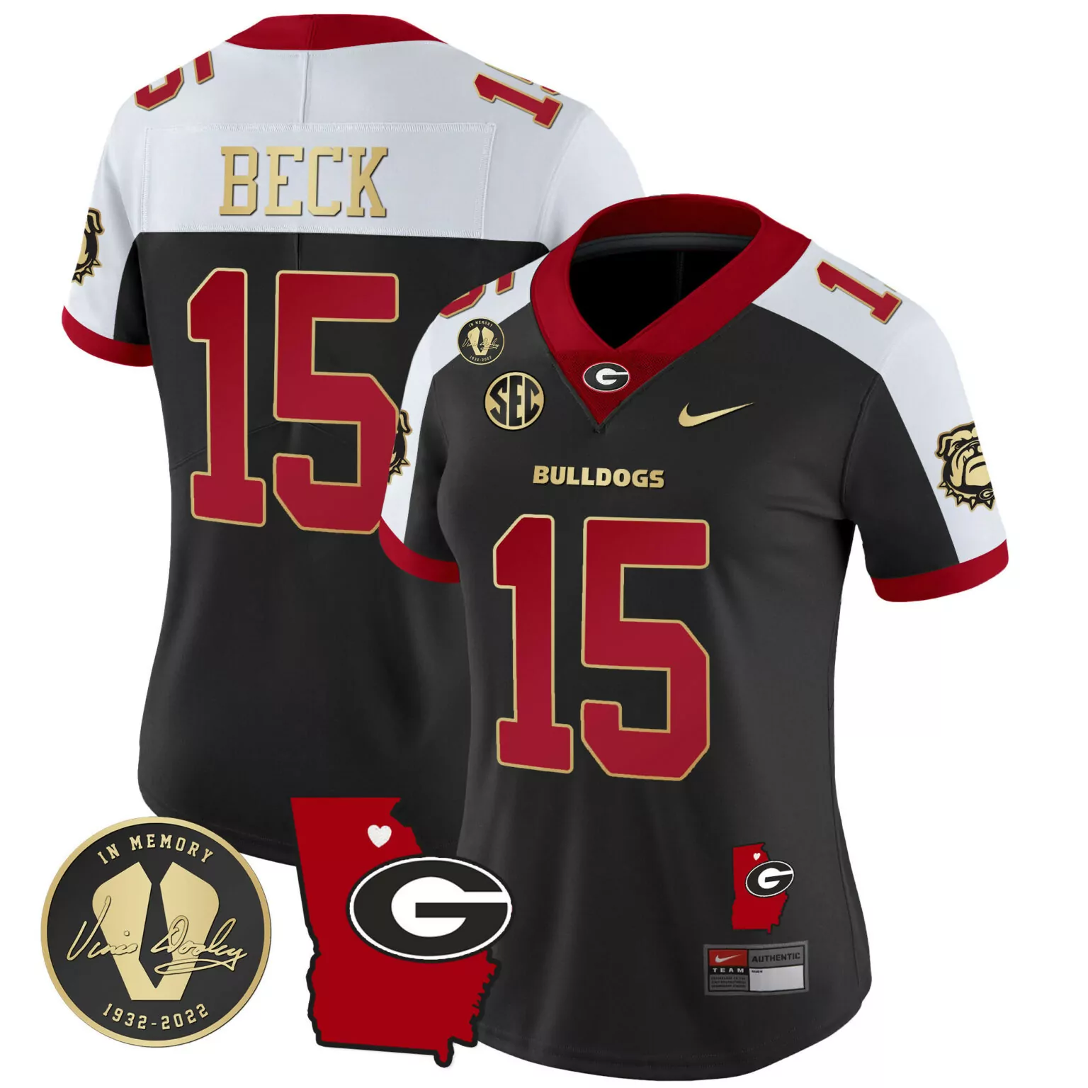 Carson Beck 15 Georgia Bulldogs Jersey Black Vince Dooley Memorial Memory 1932-2022 2022