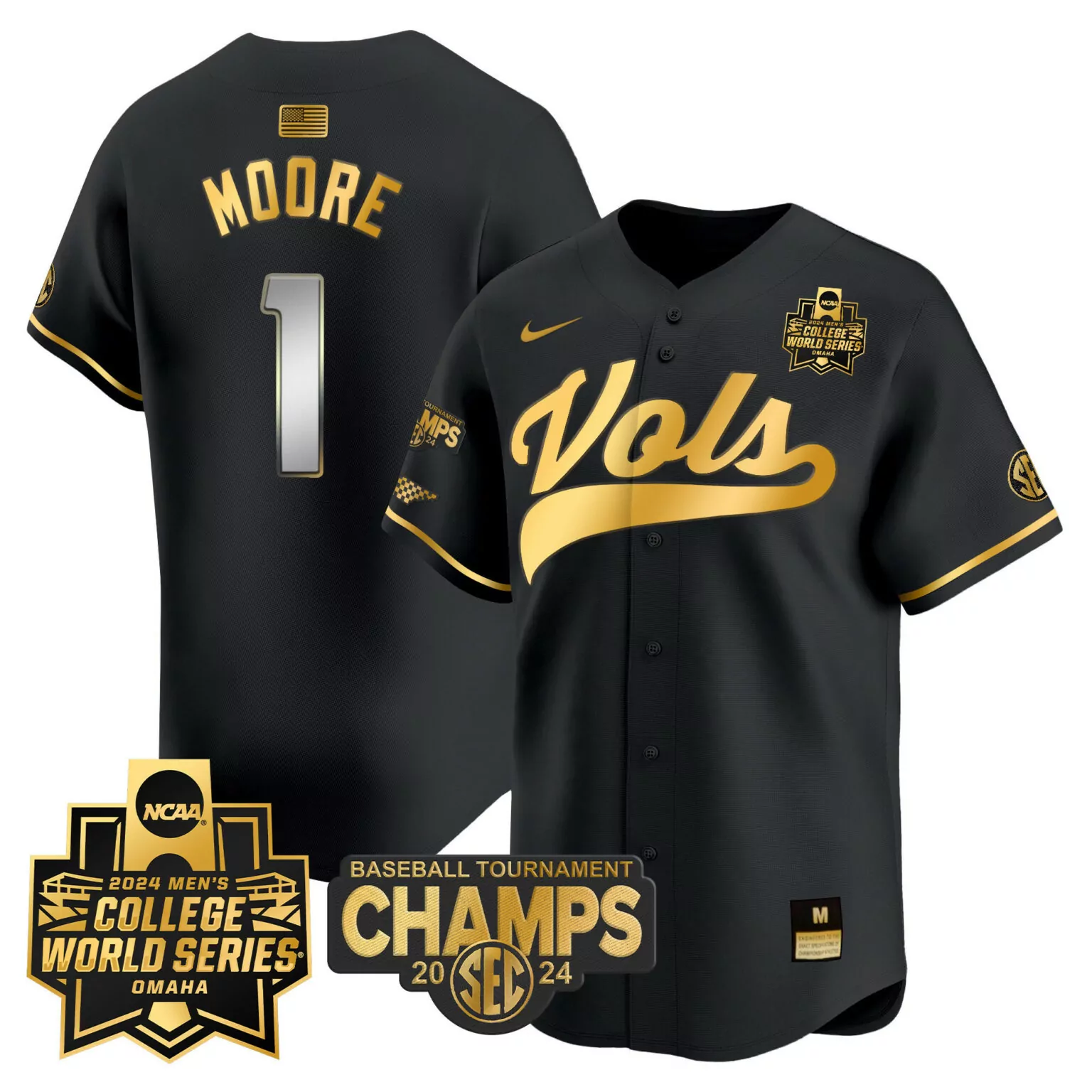 Christian Moore 1 Vols Jersey Black College World Series Baseball Tournament Champs 2024