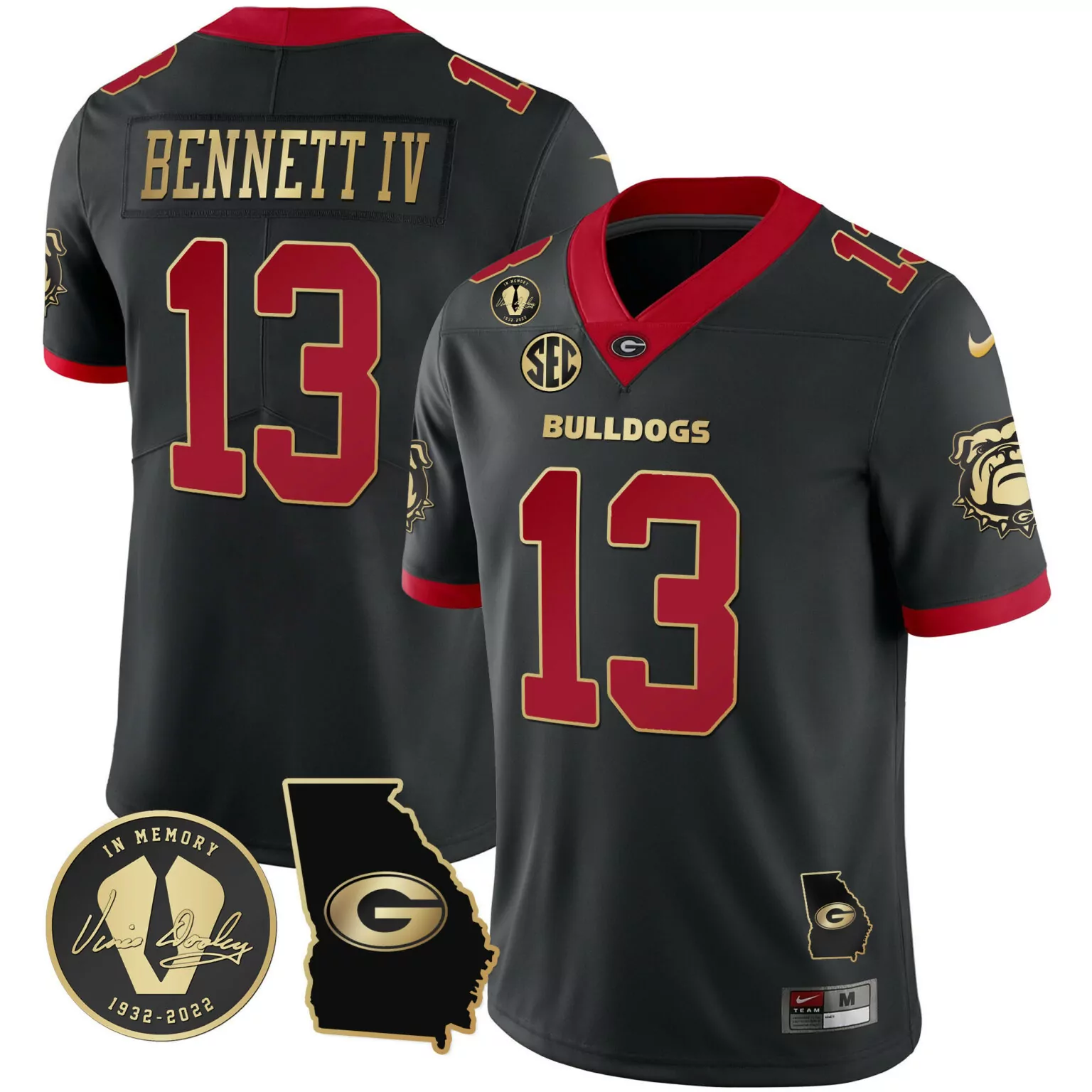 Stetson Bennett 13 Jersey Black In Memory Vince Dooley 1932-2022 Georgia Bulldogs Memorial State Outline
