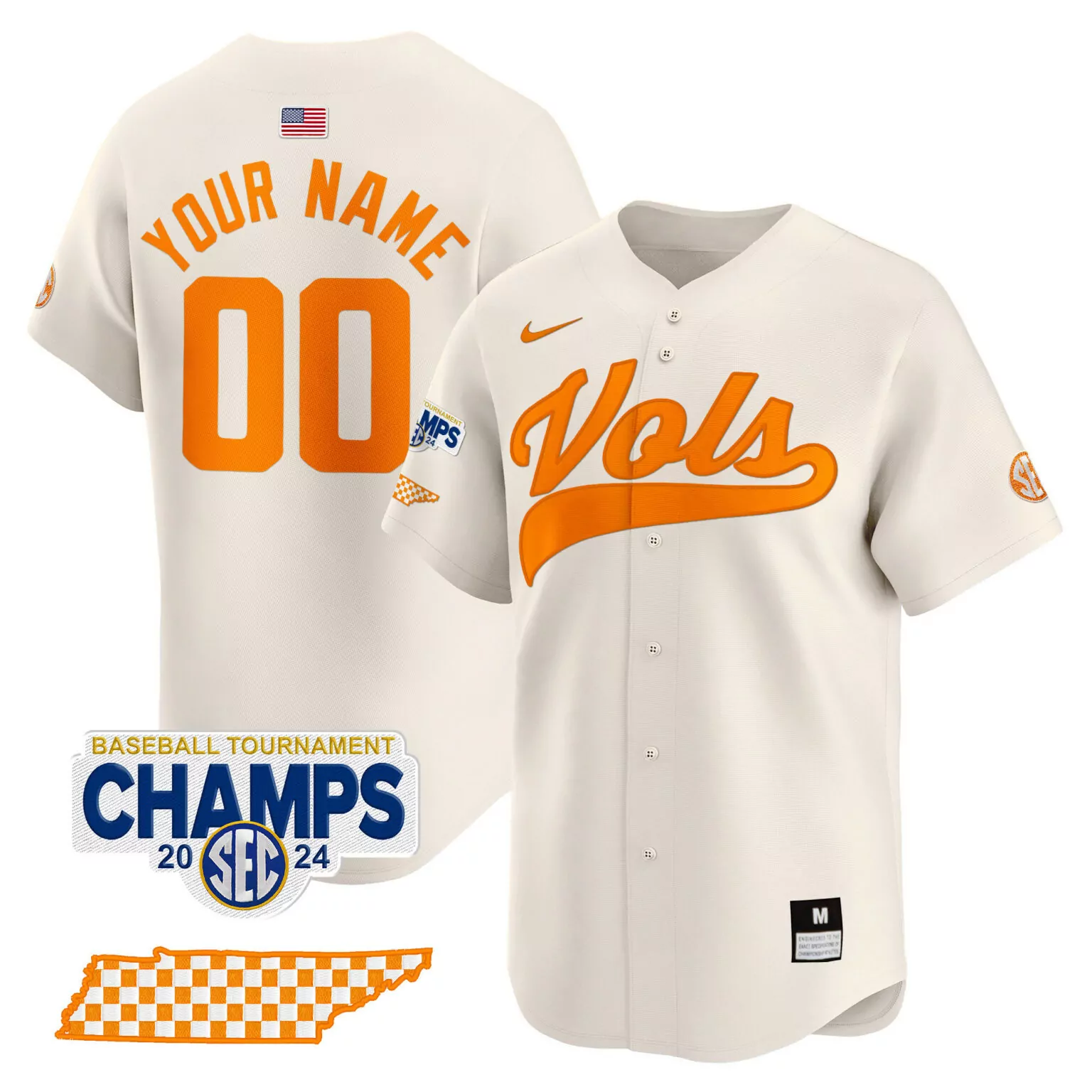 Custom Tennessee Volunteers Jersey Cream SEC Baseball Tournament Champs 2024 USA Flag Map