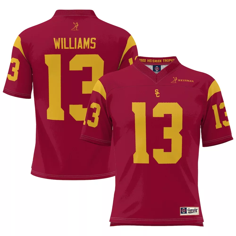 Caleb Williams 13 Usc Trojans Jersey Cardinal Red 2022 Heisman Trophy Men Gold Gameday