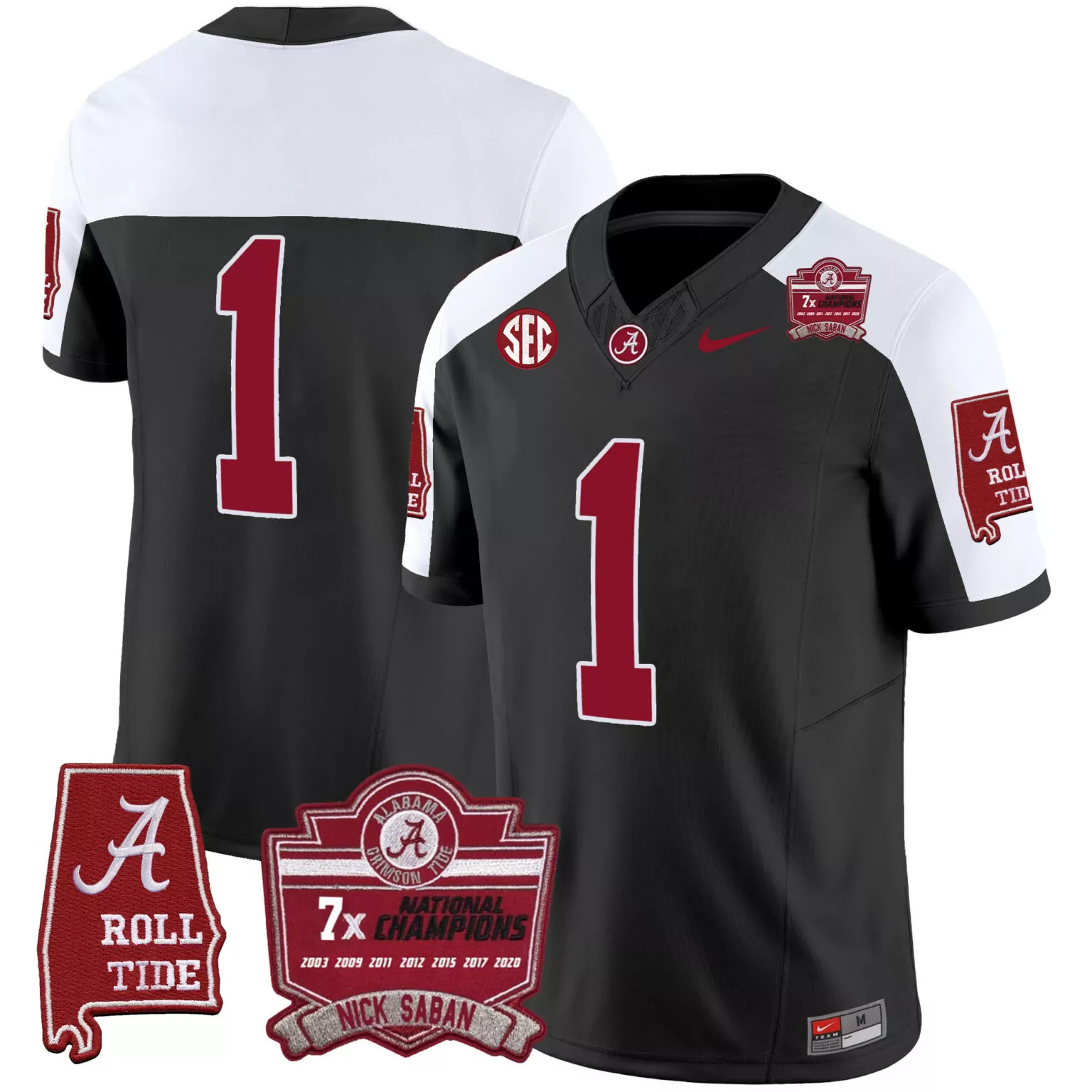Nick Saban 1 Alabama Crimson Tide Jersey Black 7x National Champions Roll Men Split Design