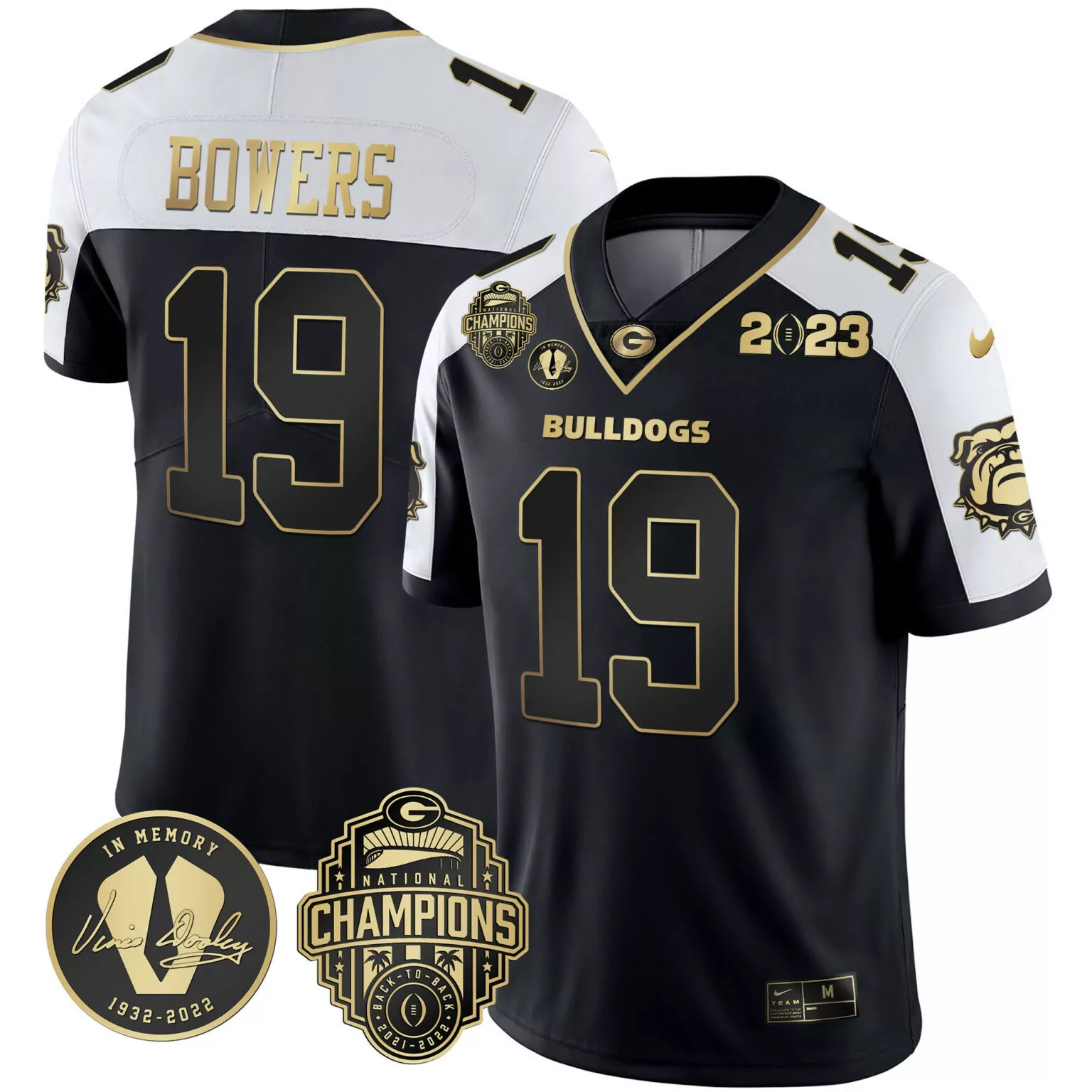 Brock Bowers 19 Bulldogs Jersey Black National Champions Vince Dooley Memorial Back-to-back 2021-2022 2023