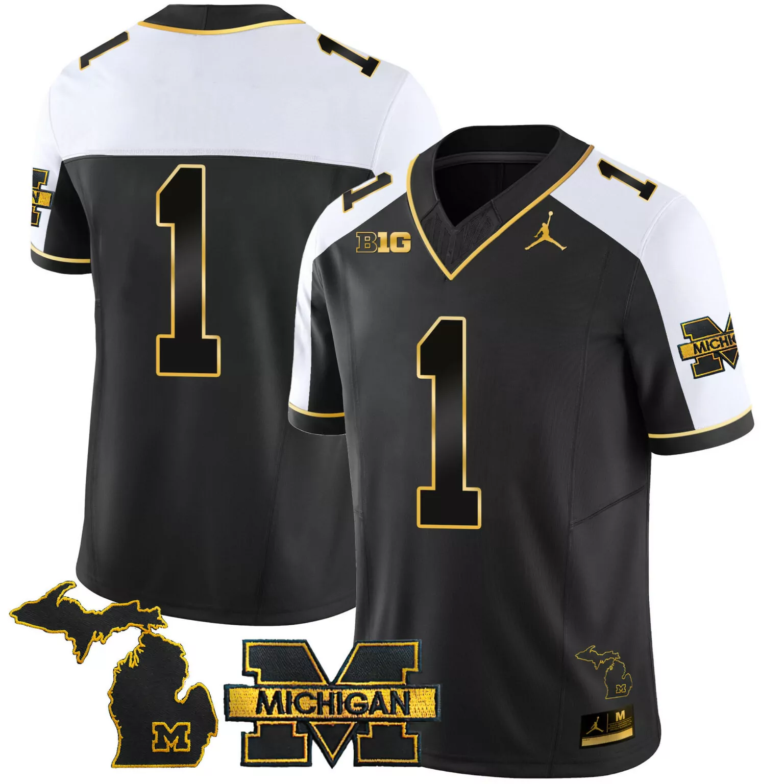 Unidentified 1 Jersey Black Air Jordan Michigan Wolverines Big Men White Gold Alternate