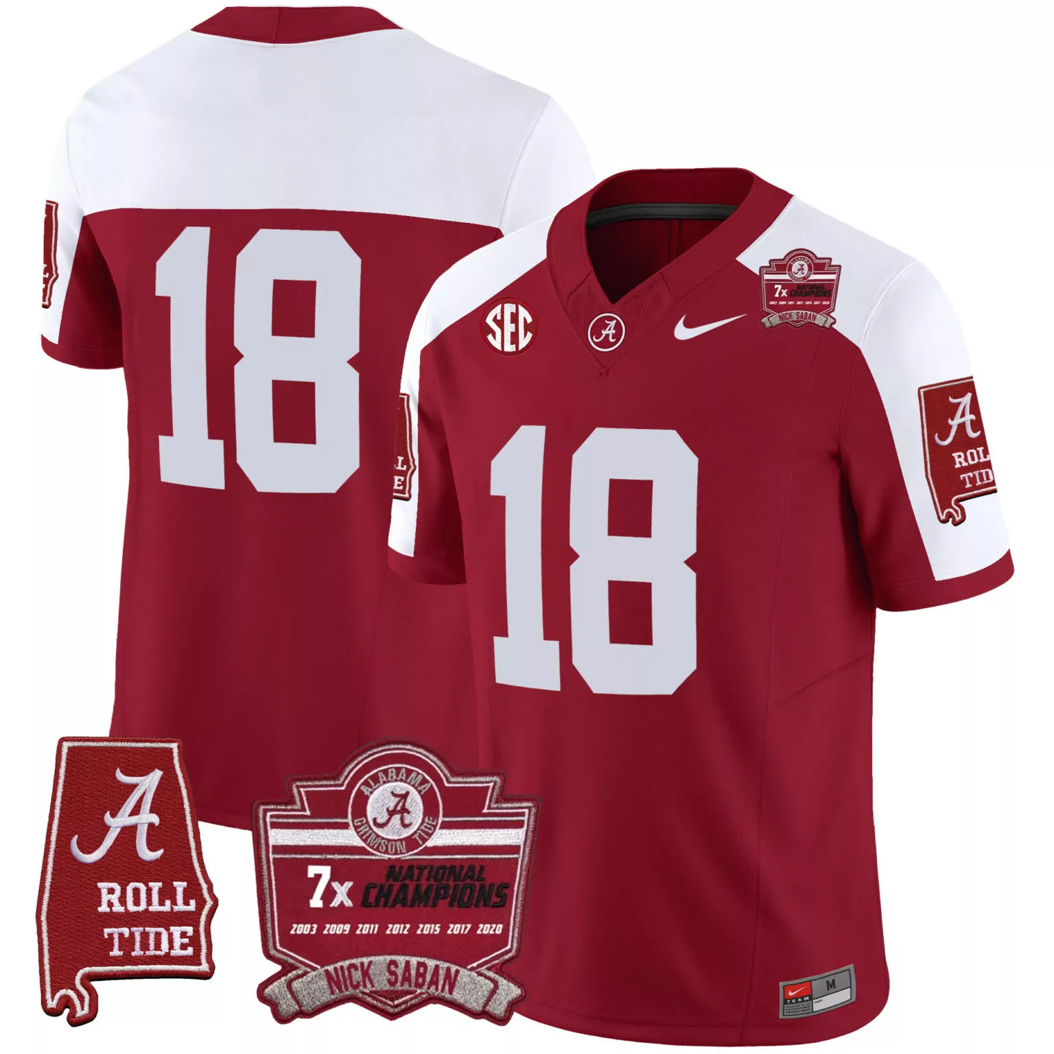 Nick Saban 18 Jersey Crimson 7x National Champions Alabama Tide Roll Men White Alternate